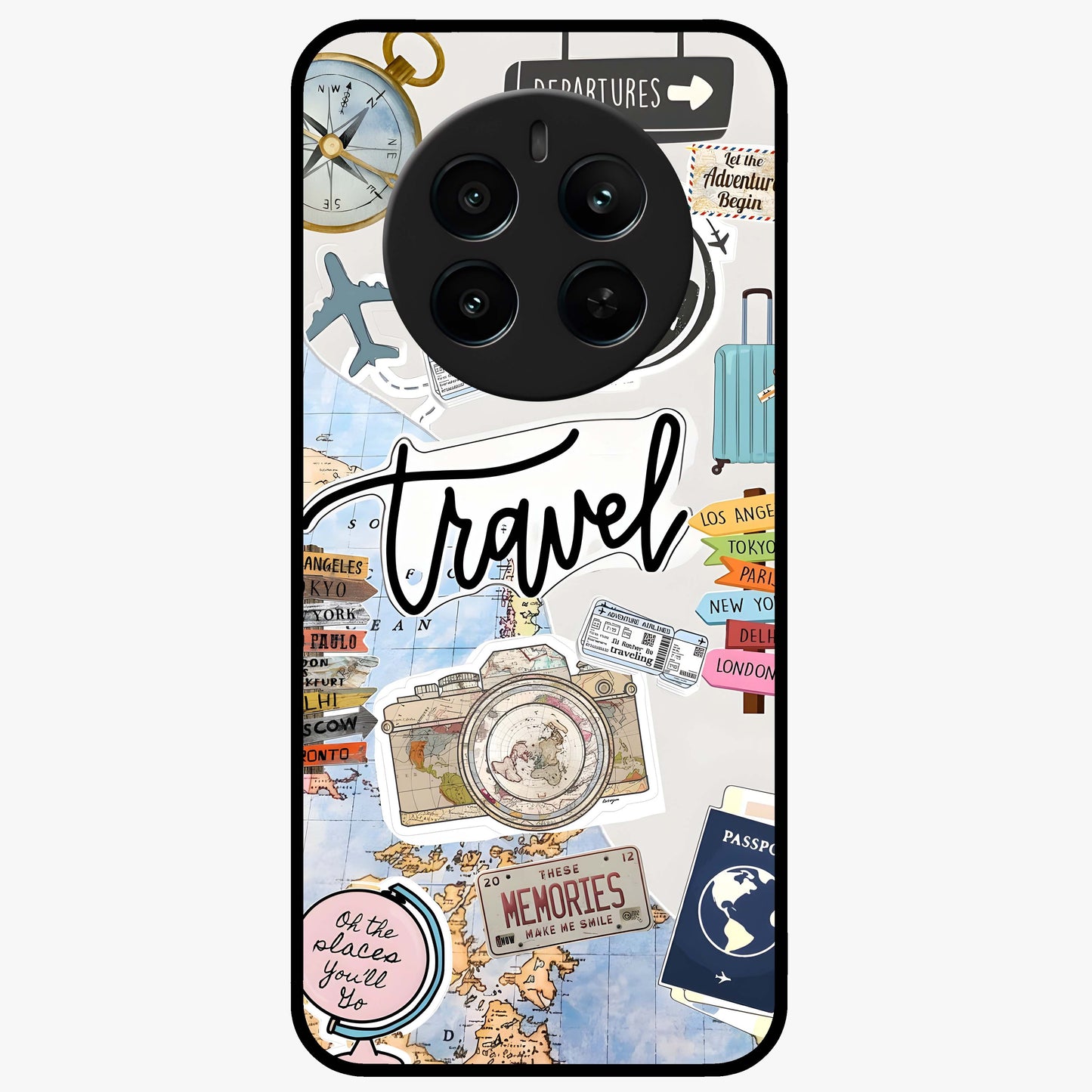 Wanderlust Journal Glass Case showing flat back view with travel inspired artwork and glossy glass finish.
