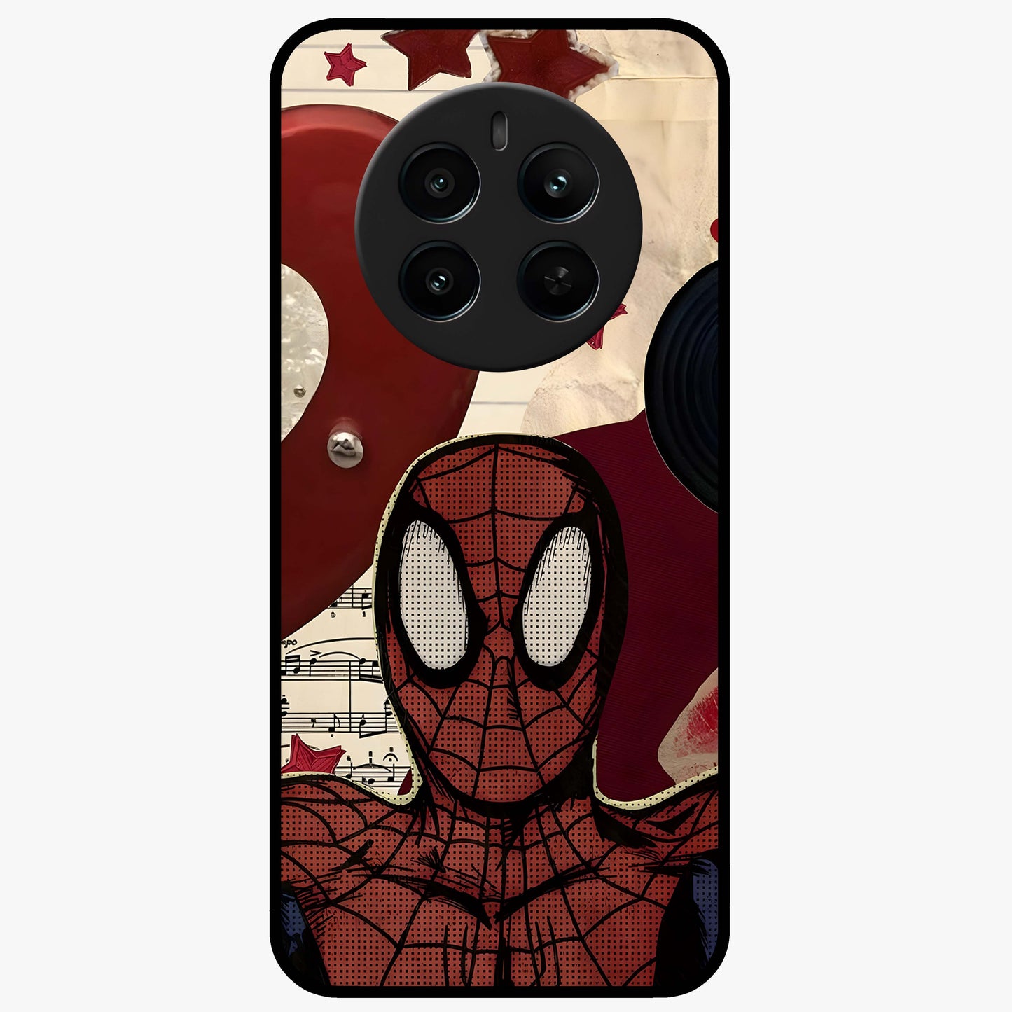 Web Warrior Vibes Glass Case showing flat back view with superhero inspired web themed artwork and glossy glass finish.