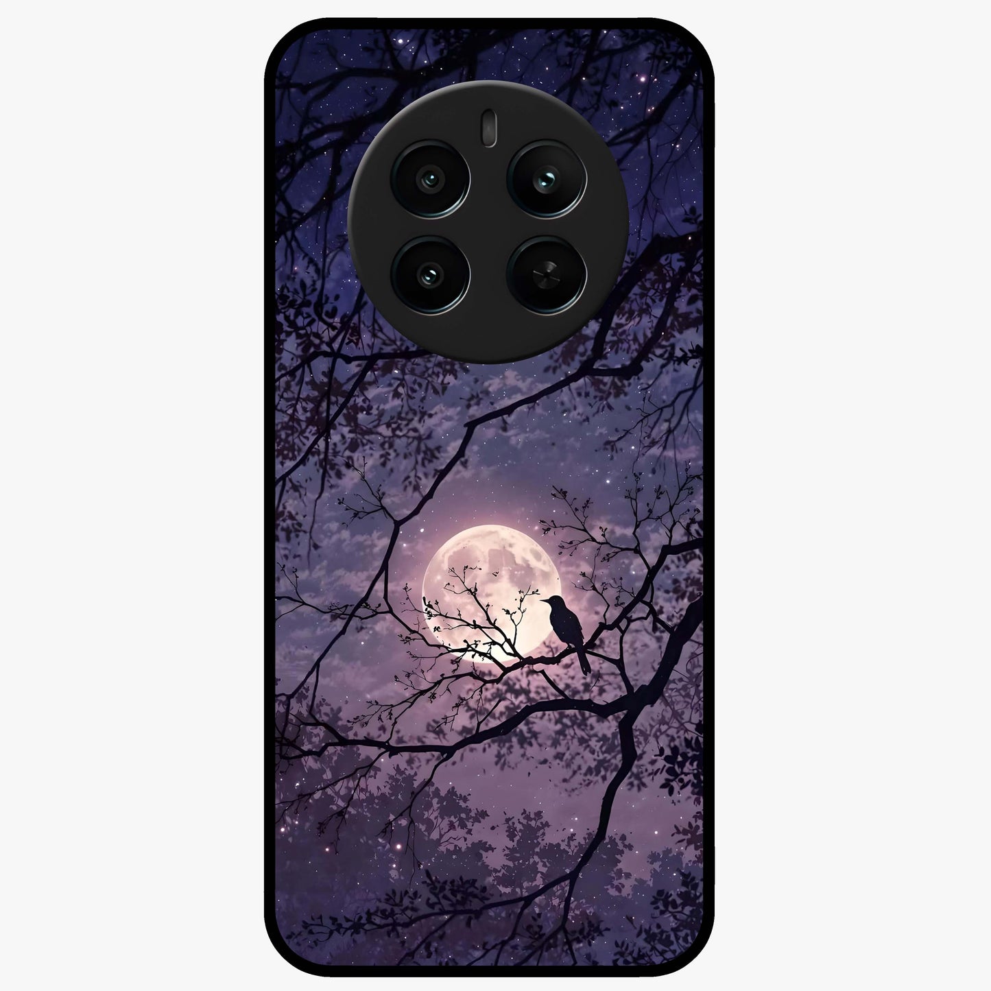 Whispering Moon Silence Glass Case showing flat back view with serene moon themed artwork and glossy glass finish.