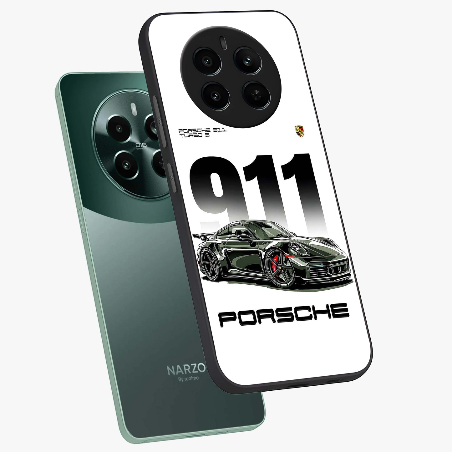 911 Turbo Dominance Glass Case displayed in premium angled mockup highlighting sporty car illustration and sleek glass surface.