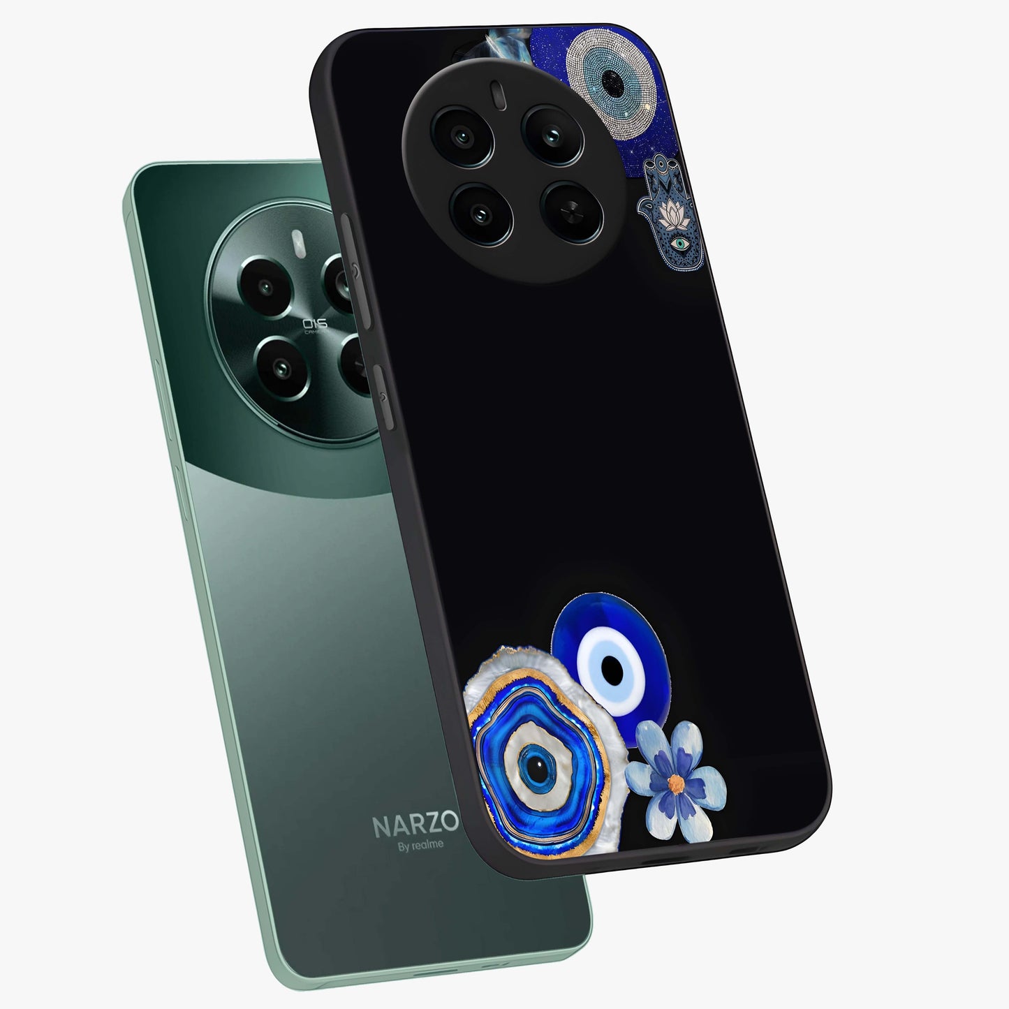 Aesthetic Blue Evil Eye Glass Case displayed in angled mockup highlighting blue evil eye symbol and spiritual aesthetic design.
