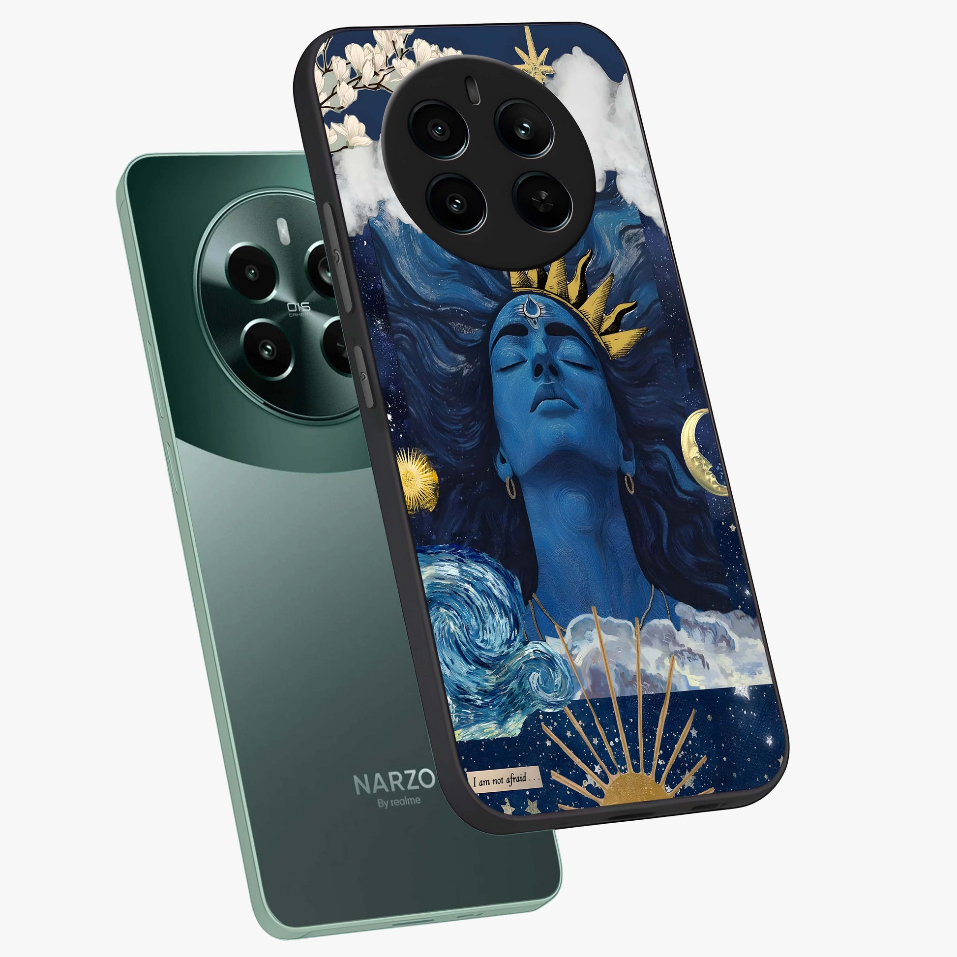 Aesthetic Lord Shiva Glass Case displayed in angled mockup highlighting spiritual Shiva illustration and sacred aesthetic design.