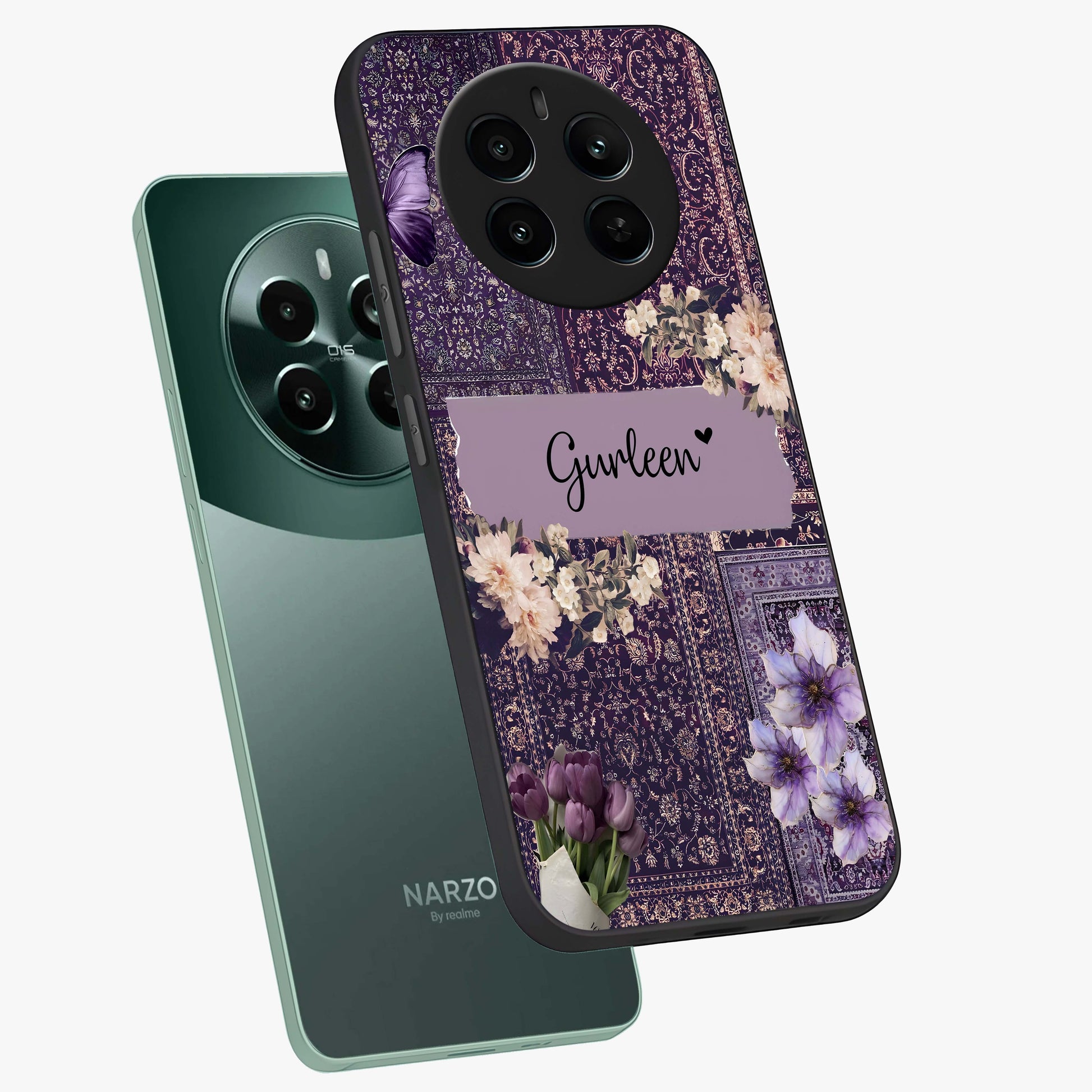 Antique Floral Whisper Custom Name Glass Case displayed in angled mockup highlighting elegant antique floral aesthetic.