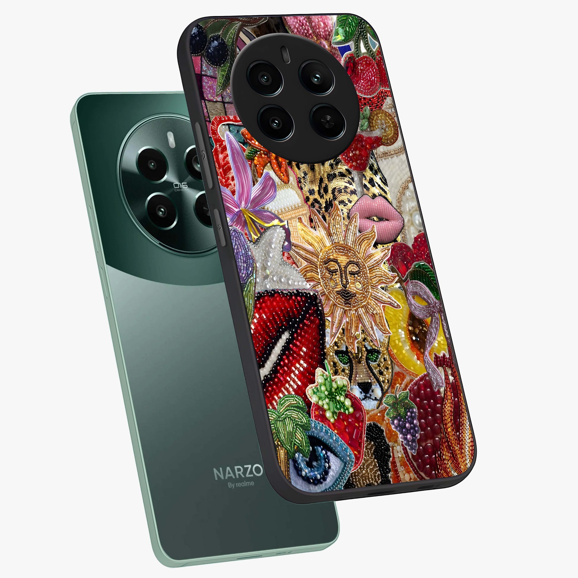 Beaded Fashion Jungle Glass Case displayed in angled mockup highlighting colorful fashion bead design and artistic pattern.