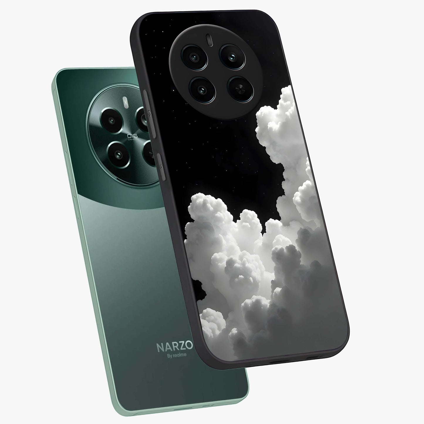 Black Background With White Cloud Glass Case displayed in angled mockup highlighting soft white cloud illustration and minimal design.