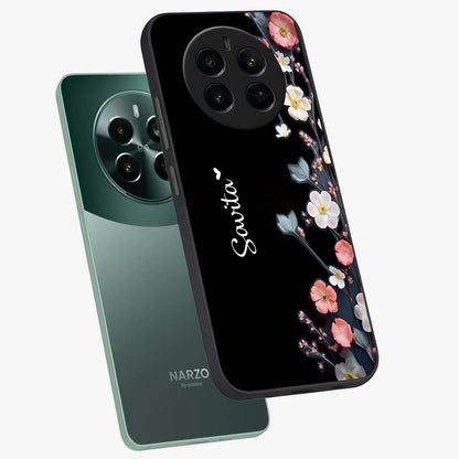 Black Elegance Floral Custom Name Glass Case displayed in angled mockup highlighting dark floral aesthetic and custom name feature.