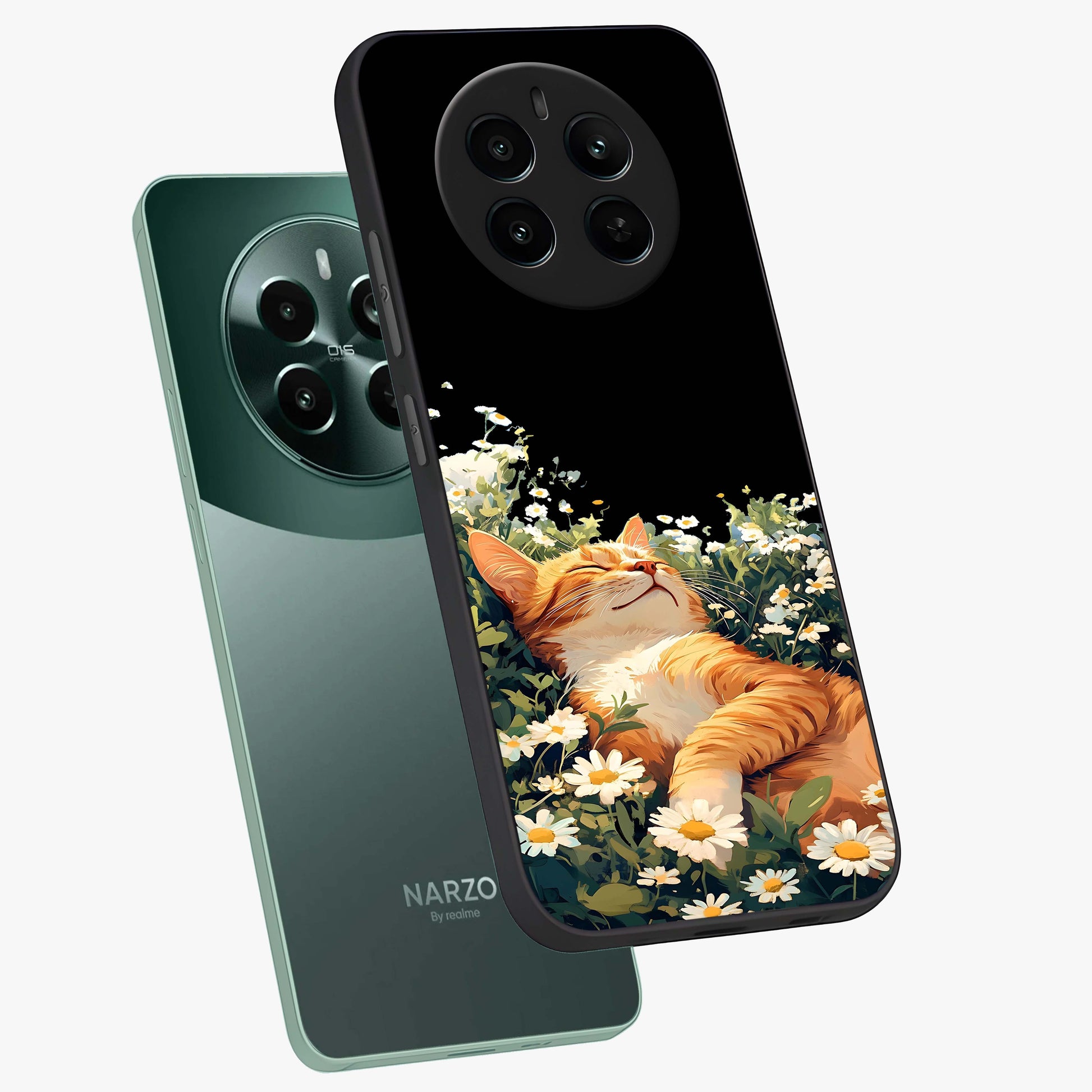 Blissful Bloom Cat Glass Case displayed in angled mockup highlighting playful feline illustration with soft floral aesthetic.