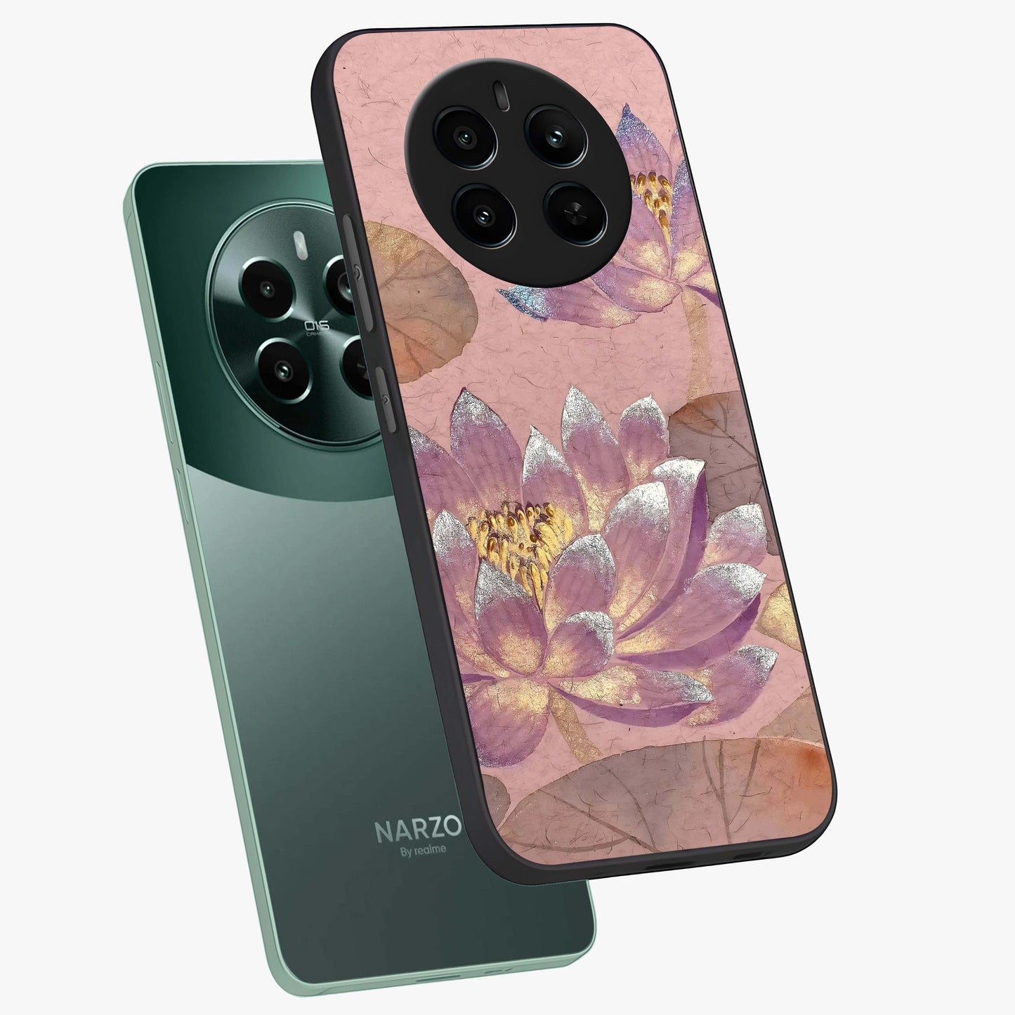 Blossom Mist Lotus Glass Case displayed in angled mockup highlighting delicate lotus illustration with calm aesthetic theme.