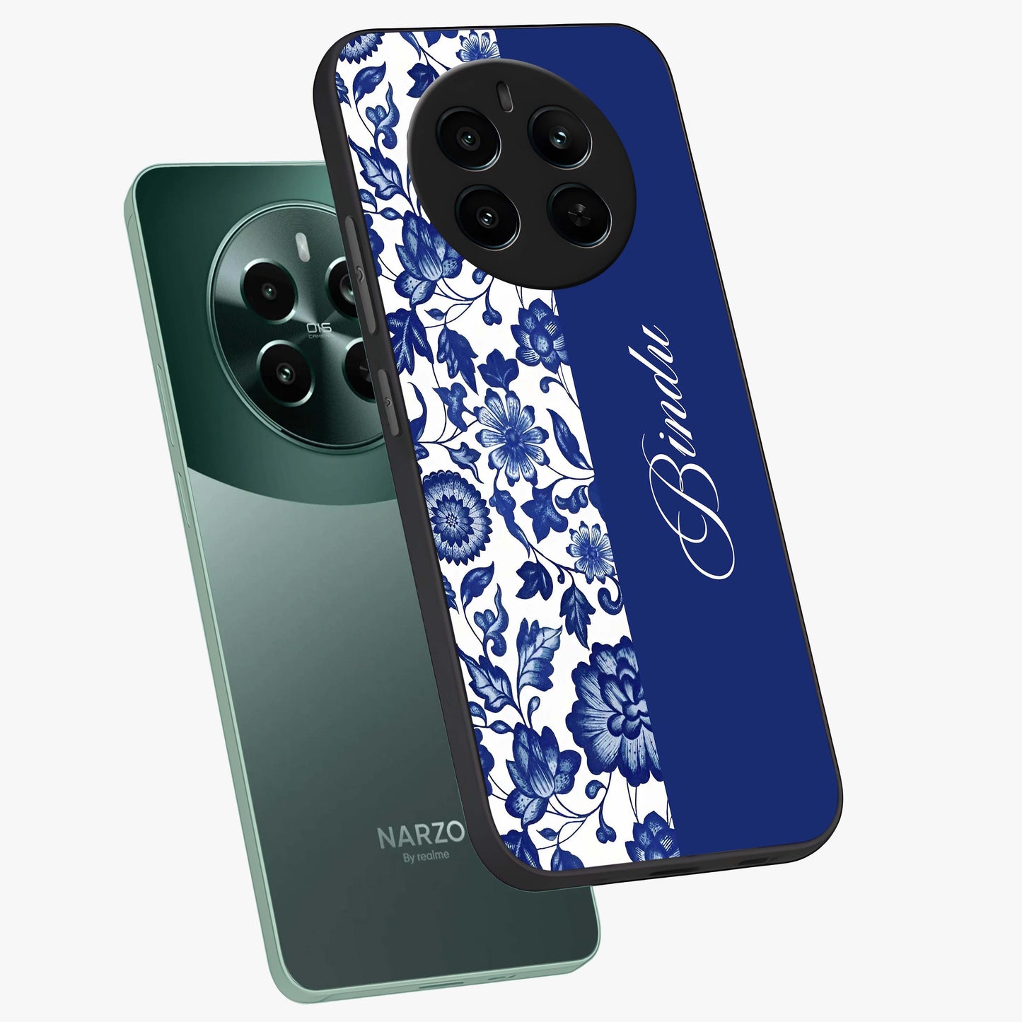 Blue Vintage Floral Pattern Glass Case displayed in angled mockup highlighting subtle bloom pattern with aesthetic pastel design.