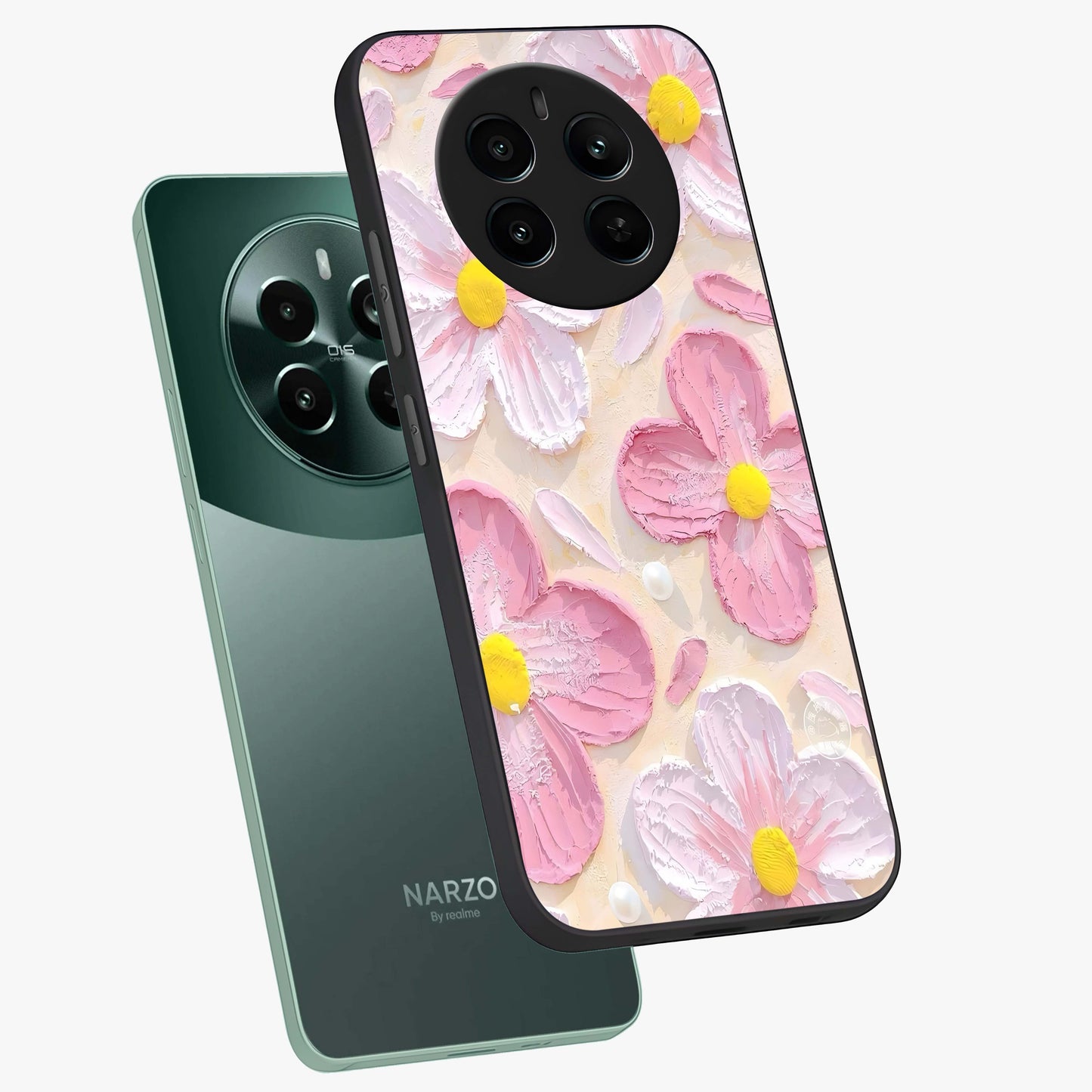 Blush Bloom Texture Glass Case displayed in angled mockup highlighting subtle bloom pattern with aesthetic pastel design.