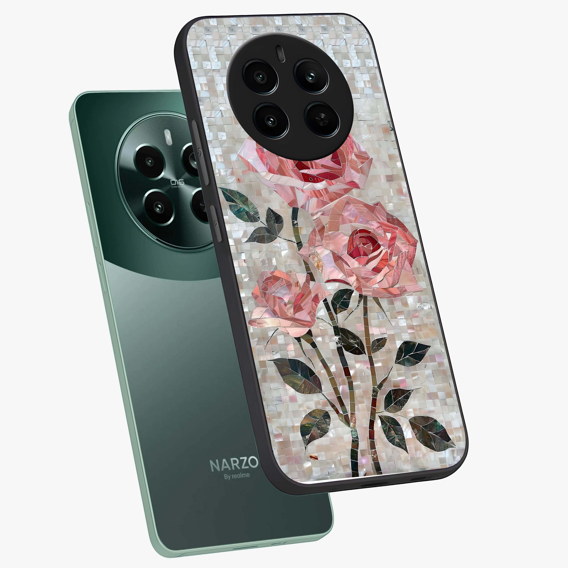 Blush Mosaic Bloom Glass Case displayed in angled mockup highlighting artistic mosaic flower pattern with aesthetic design.