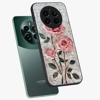 Blush Mosaic Bloom Glass Case displayed in angled mockup highlighting artistic mosaic flower pattern with aesthetic design.