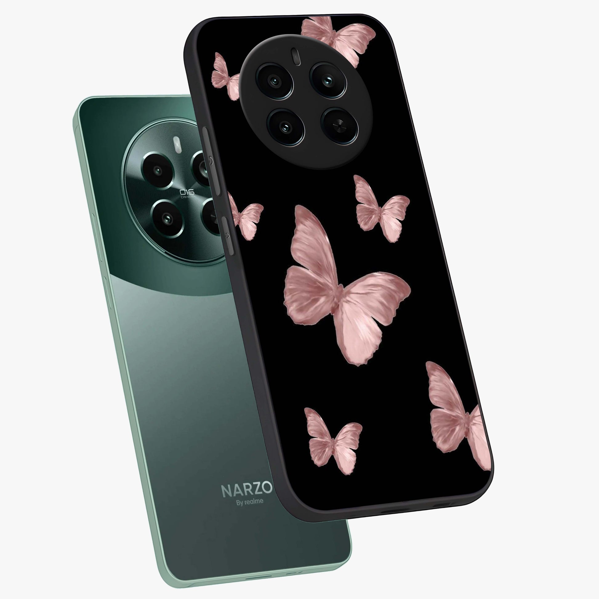 Butterfly Pattern Glass Case displayed in angled mockup highlighting delicate butterfly design and aesthetic pattern style.