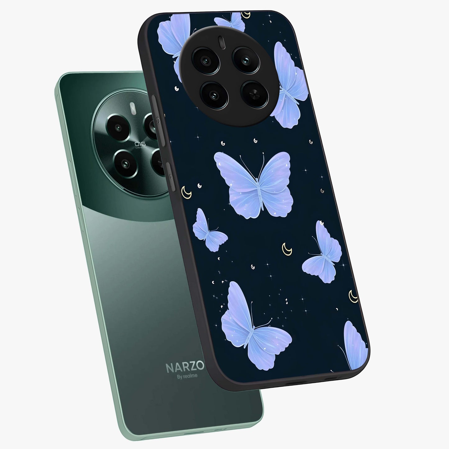 Butterfly With Stars Pattern Glass Case displayed in angled mockup highlighting dreamy butterfly and star design with aesthetic theme.