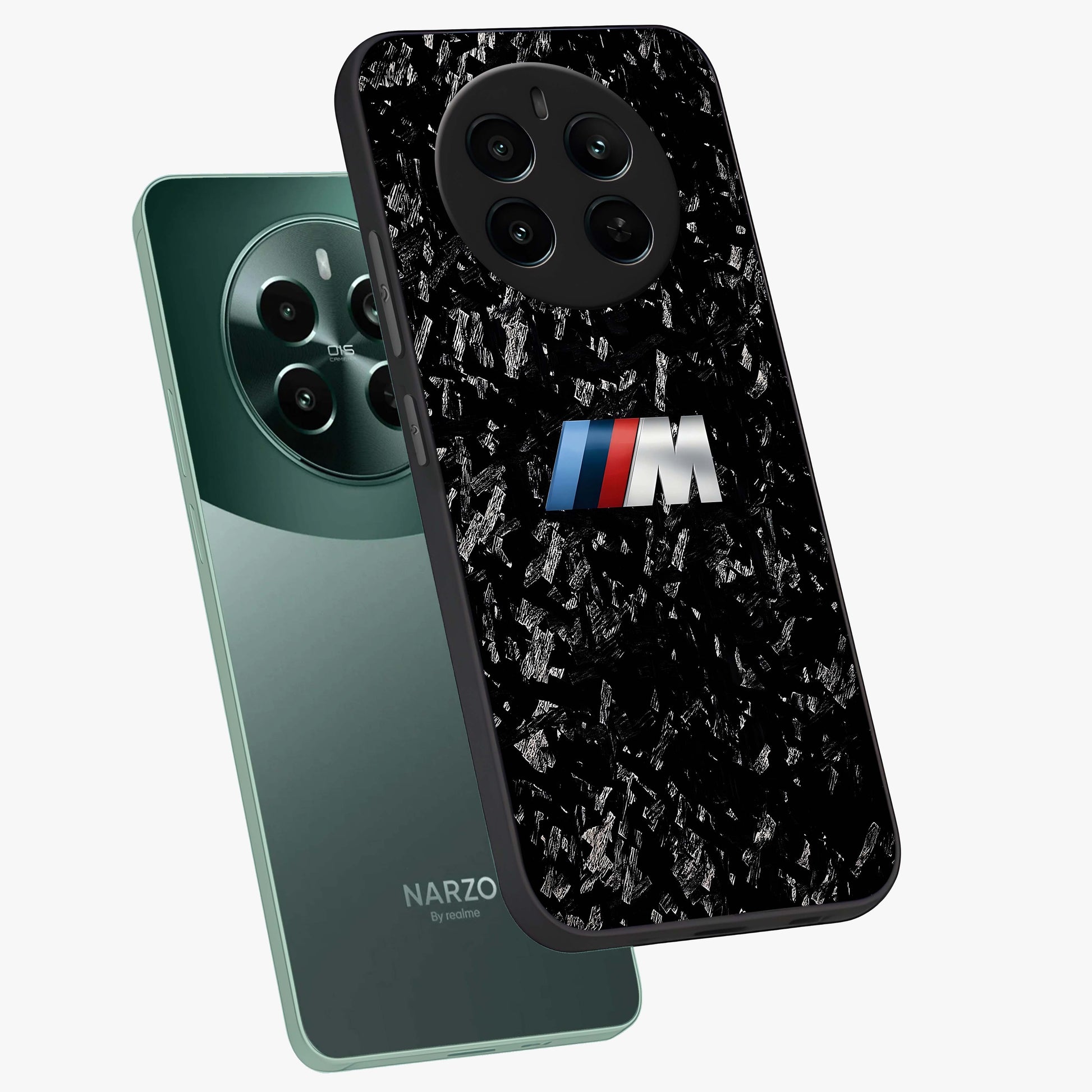 Carbon Speed Mark Glass Case displayed in angled mockup highlighting racing inspired carbon design and sleek aesthetic style.