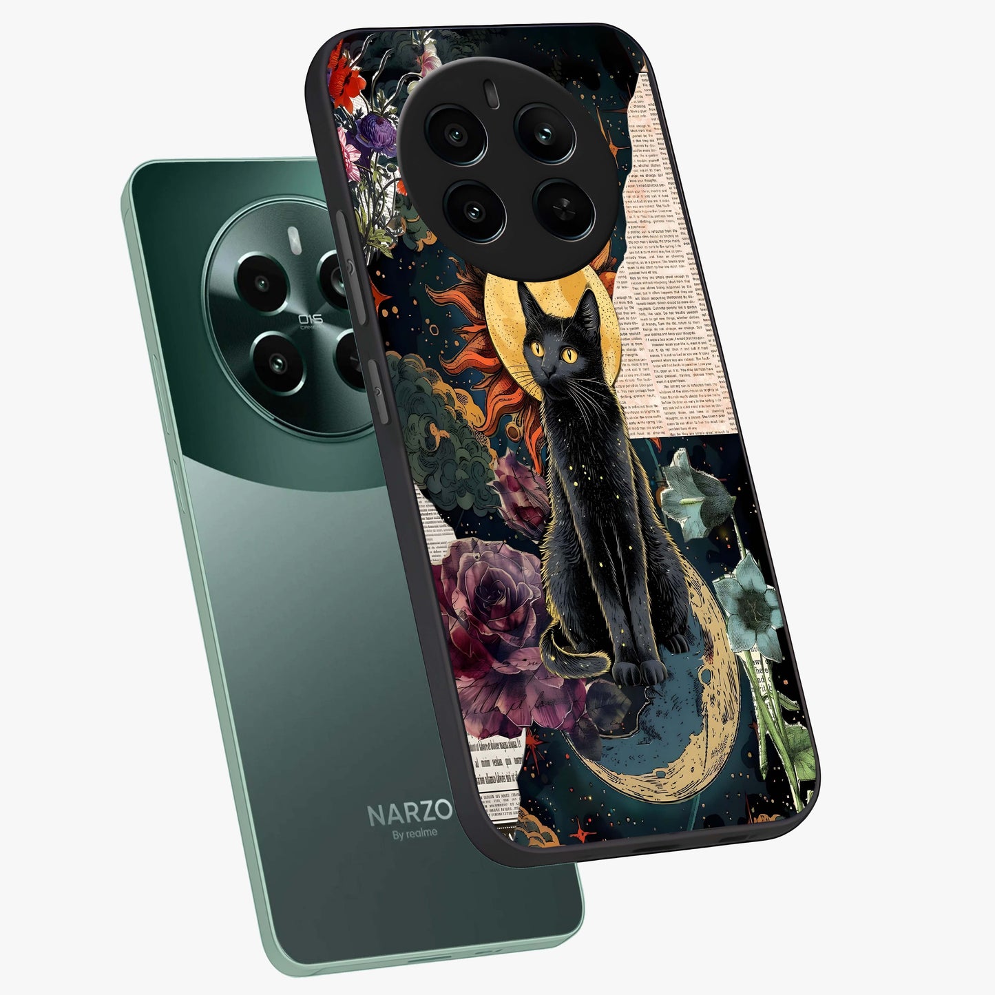 Celestial Black Cat Glass Case displayed in angled mockup highlighting cosmic black cat design with celestial aesthetic.