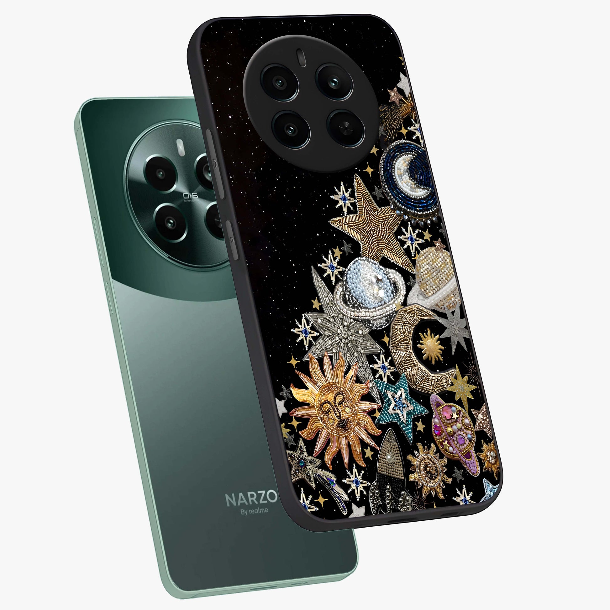 Cosmic Sparkle Dreams Glass Case displayed in angled mockup highlighting dreamy star sparkle design with celestial aesthetic.