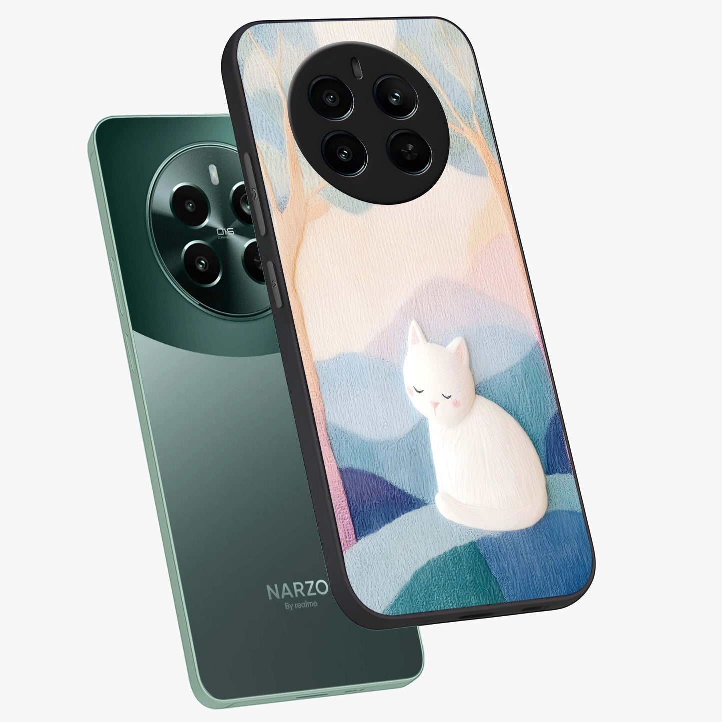 Cotton Dream Cat Glass Case displayed in angled mockup highlighting cute feline illustration with pastel aesthetic style.