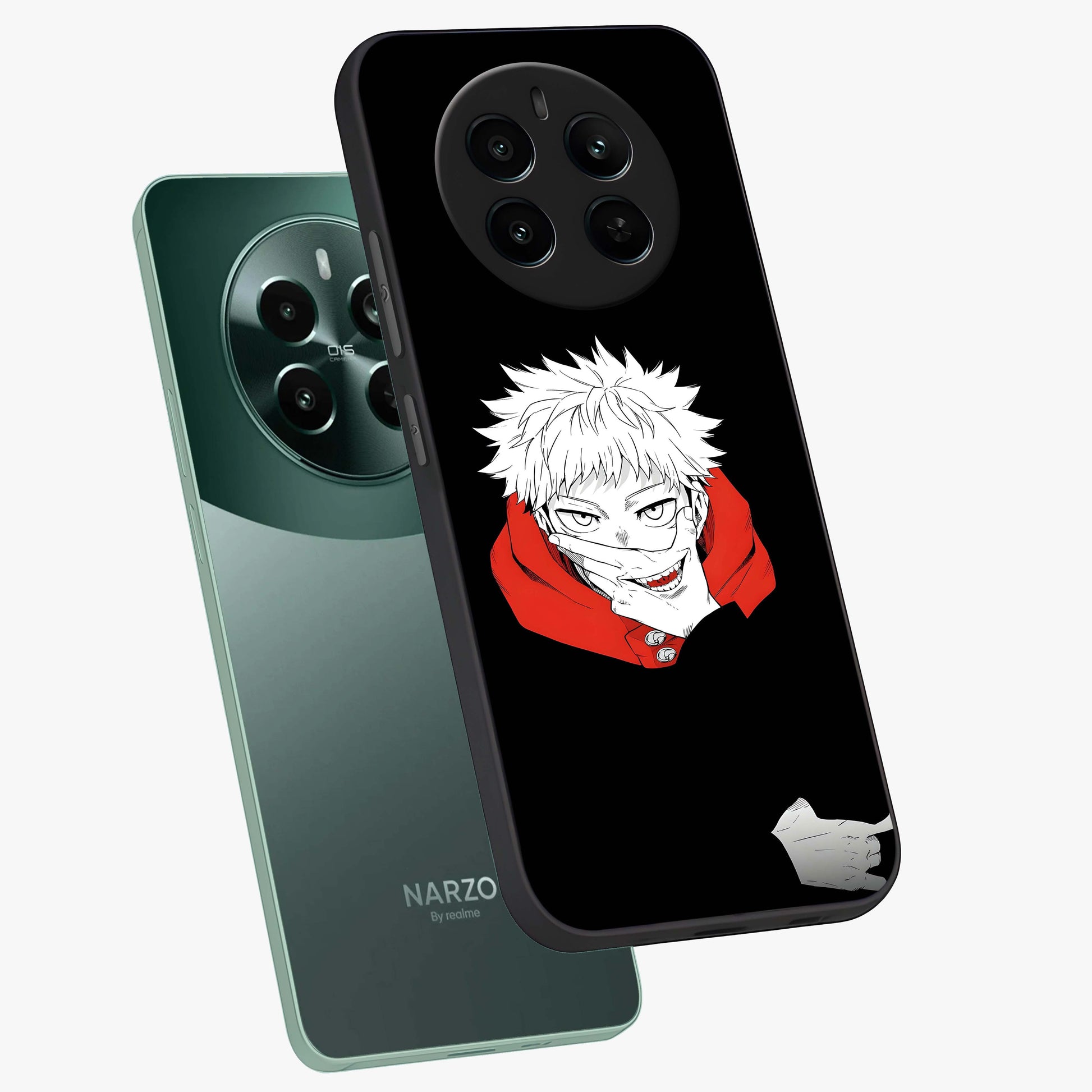 Crimson Chaos Smile Glass Case displayed in angled mockup highlighting edgy crimson smile design with graphic aesthetic.