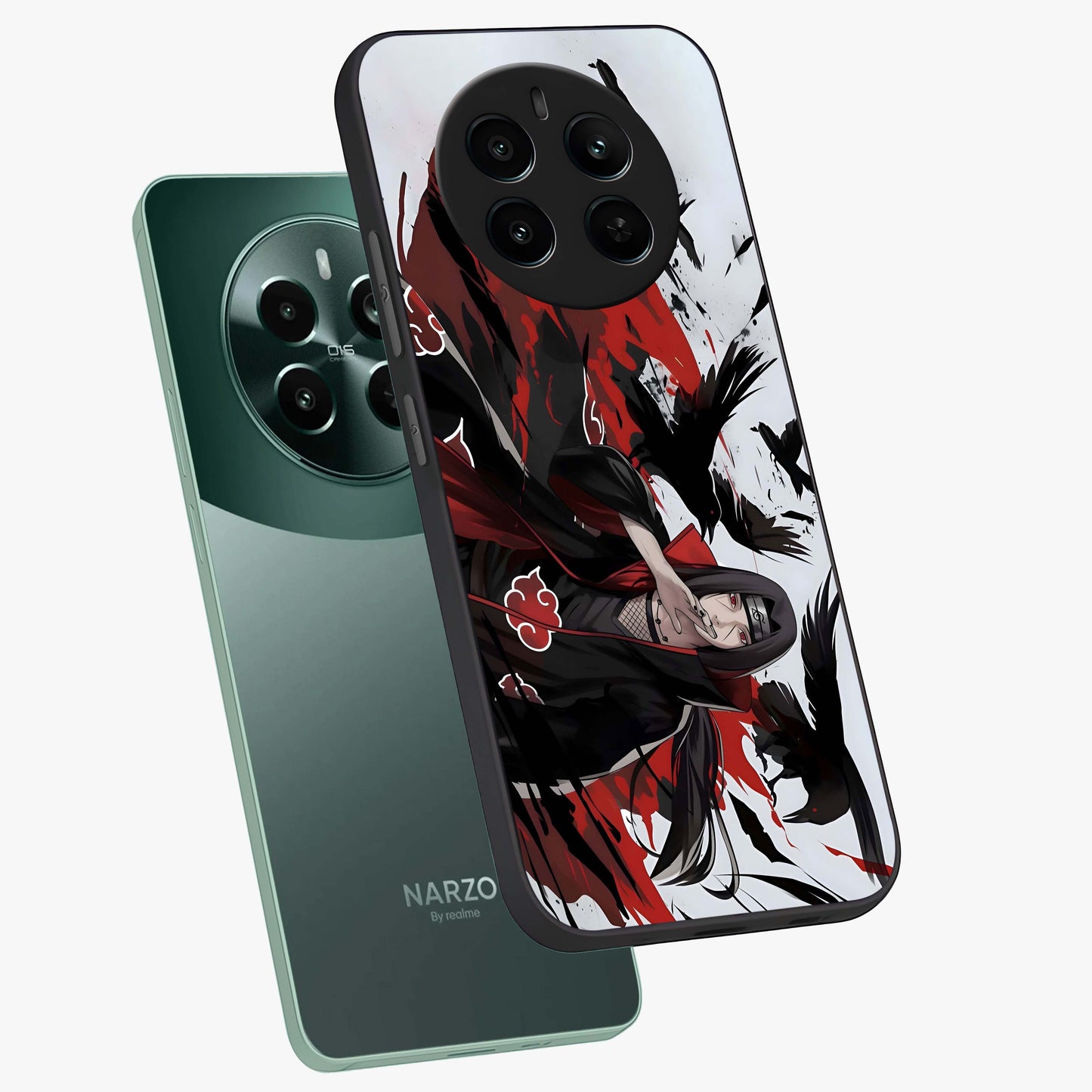 Crimson Crow Illusion Glass Case displayed in angled mockup highlighting mysterious crow graphic with dark aesthetic style.