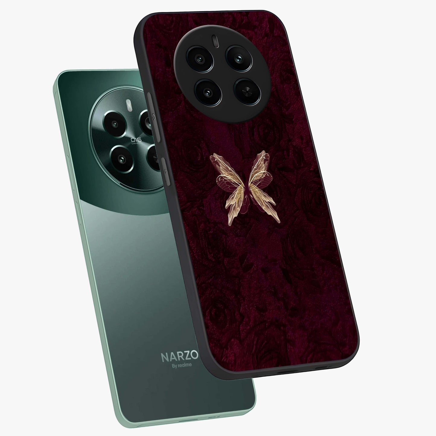 Crimson Fade Butterfly Glass Case displayed in angled mockup highlighting elegant butterfly design with crimson gradient aesthetic.