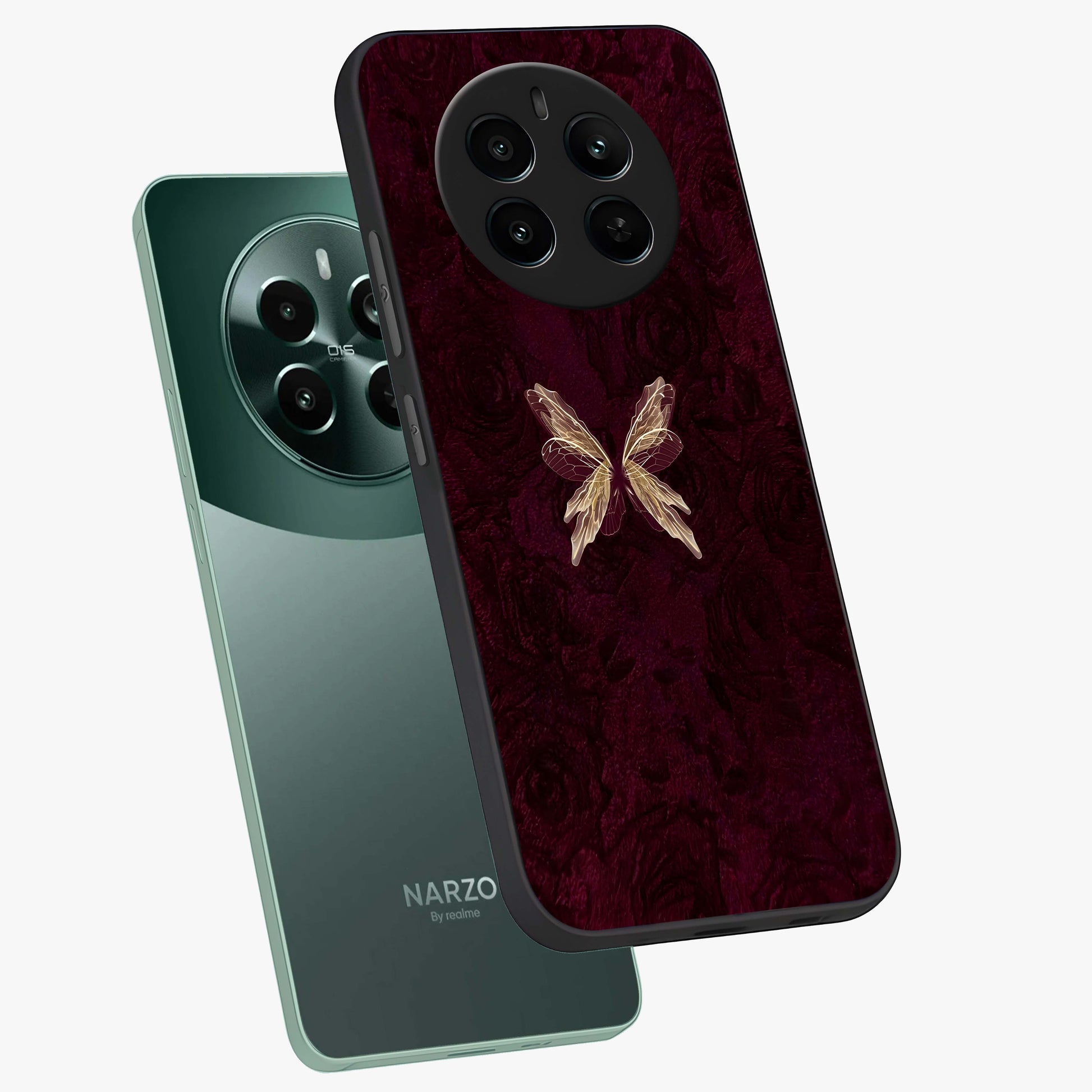 Crimson Fade Butterfly Glass Case displayed in angled mockup highlighting elegant butterfly design with crimson gradient aesthetic.