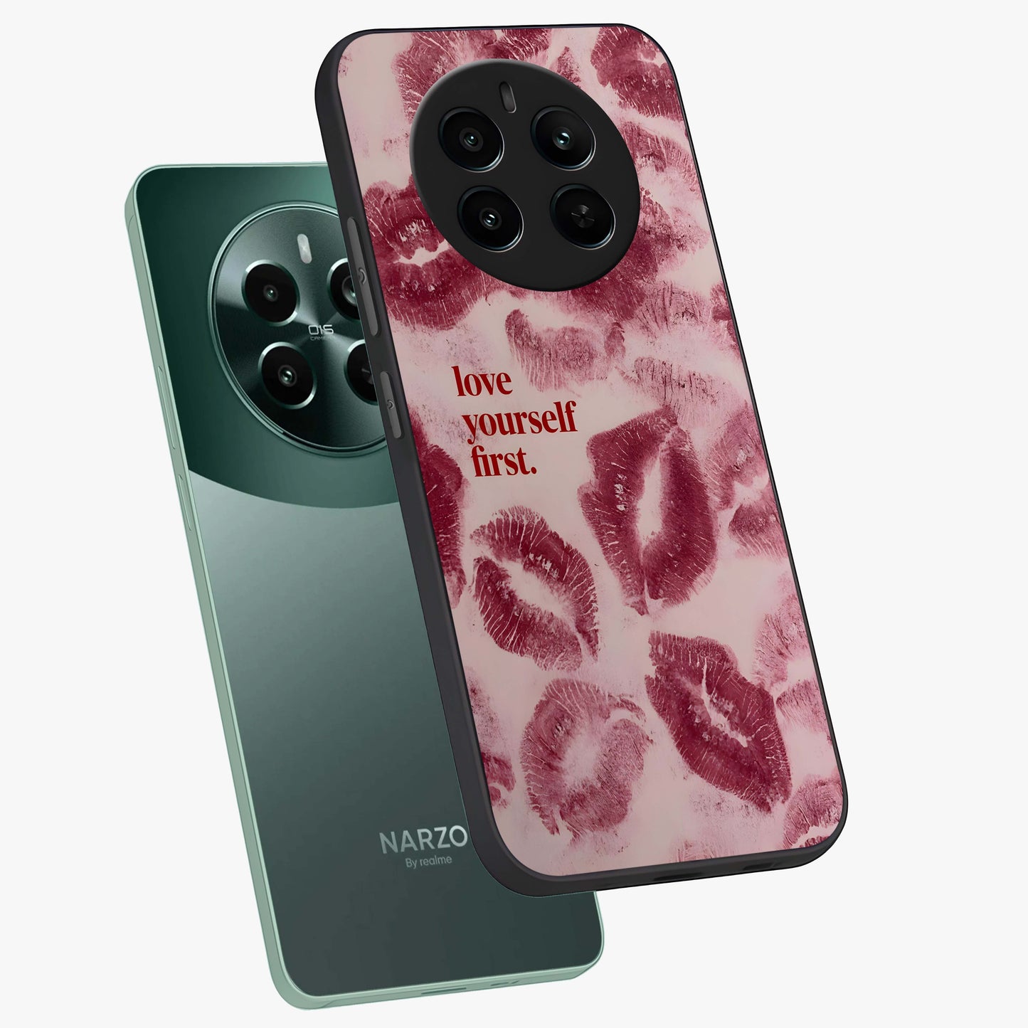 Crimson Kiss Love Glass Case displayed in angled mockup highlighting bold love inspired design with modern aesthetic style.