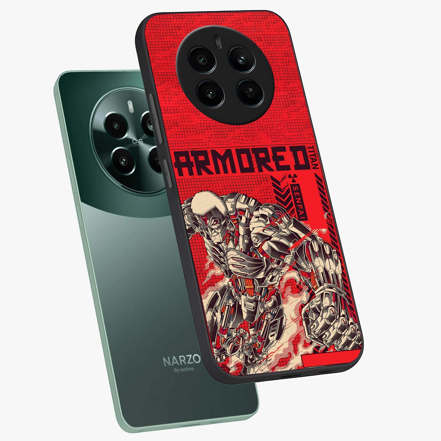 Crimson Mecha Titan Glass Case displayed in angled mockup highlighting futuristic mech illustration with bold crimson aesthetic.