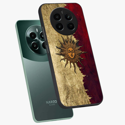 Crimson Sun Majesty Glass Case displayed in angled mockup highlighting majestic crimson sun design with bold aesthetic style.