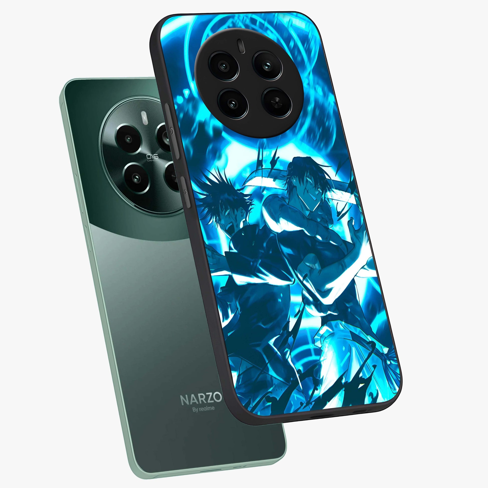Cursed Energy Clash Glass Case displayed in angled mockup highlighting powerful battle inspired graphic with anime style aesthetic.