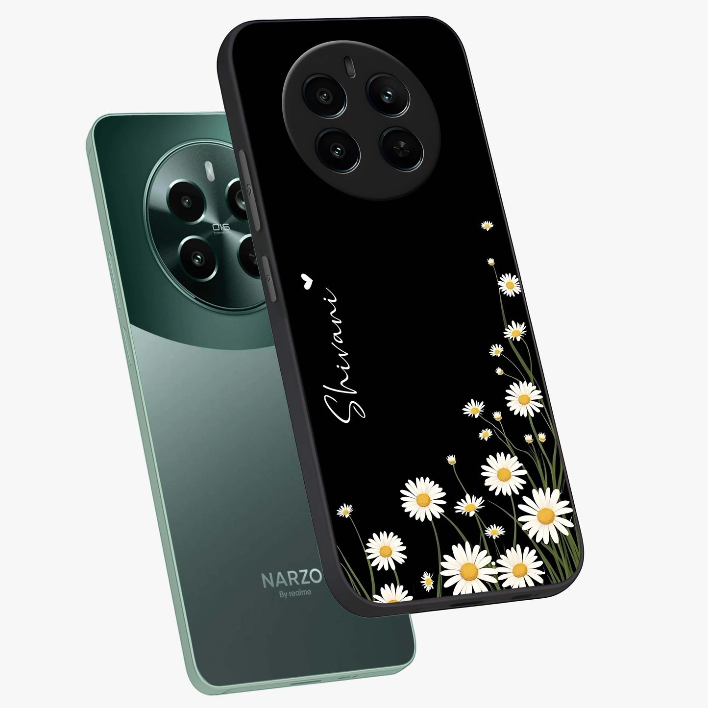 Daisy Cascade Custom Name Glass Case displayed in angled mockup highlighting delicate daisy artwork with custom name feature.