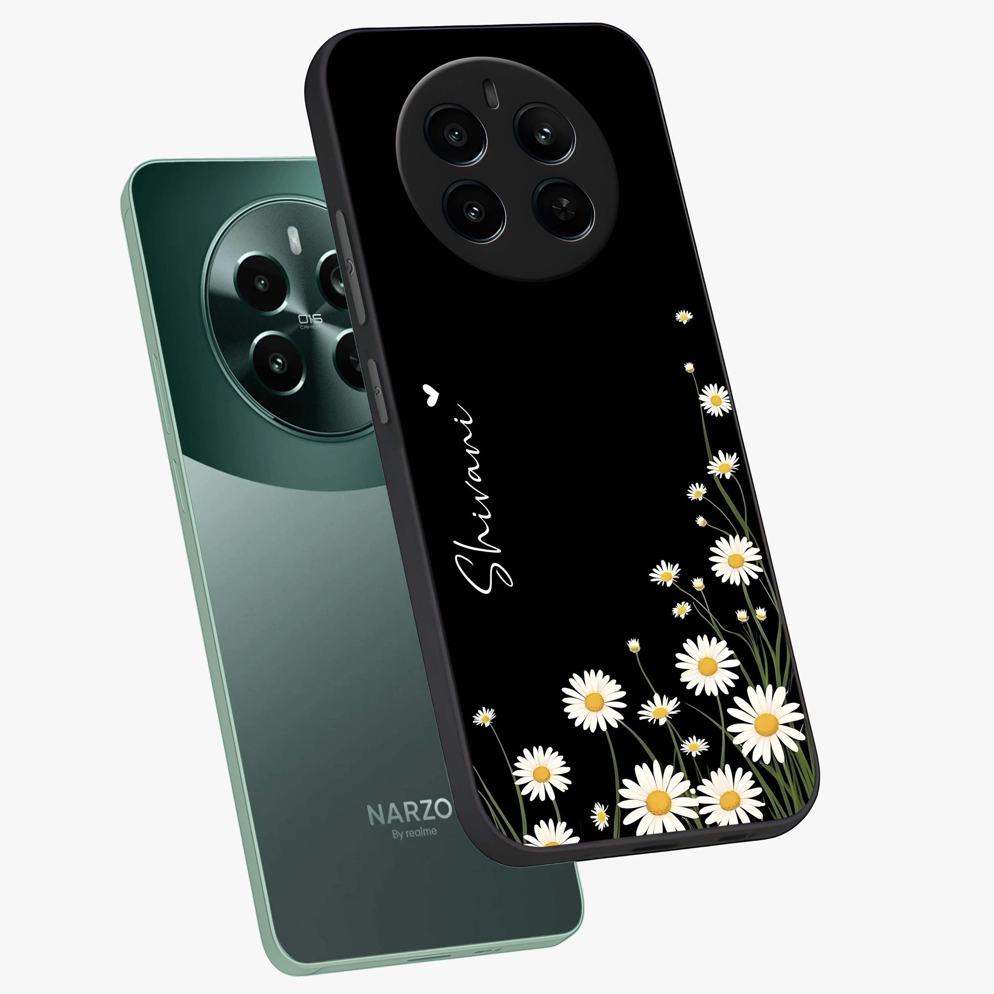 Daisy Cascade Custom Name Glass Case displayed in angled mockup highlighting delicate daisy artwork with custom name feature.