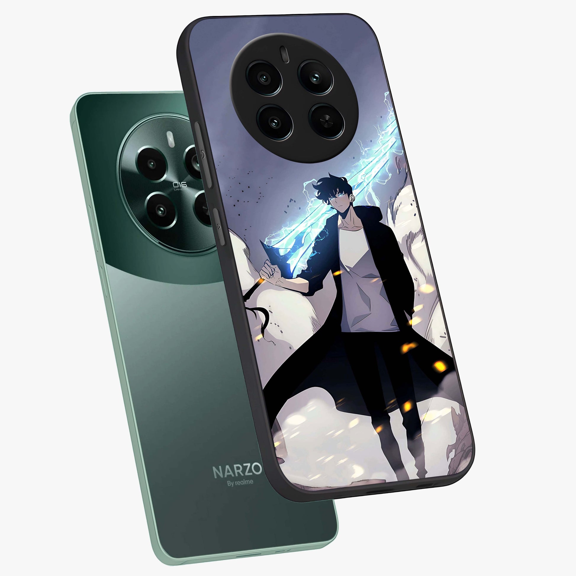 Dark Lightning Anime Warrior Glass Case displayed in angled mockup highlighting powerful lightning themed anime illustration.