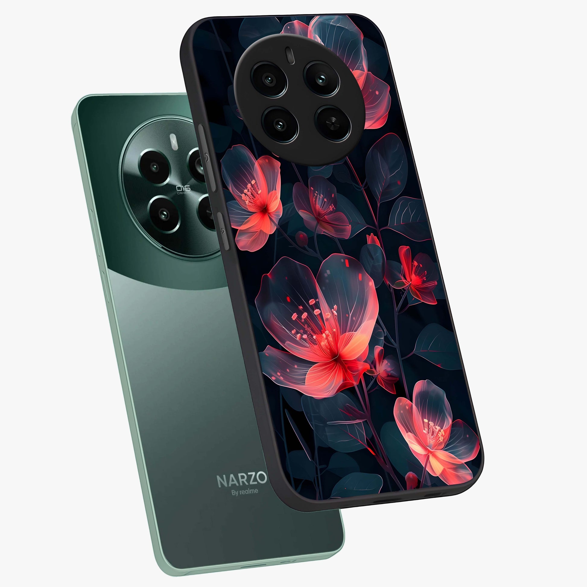 Dark Shade of Flower Glass Case displayed in angled mockup highlighting moody floral illustration with aesthetic dark tones.