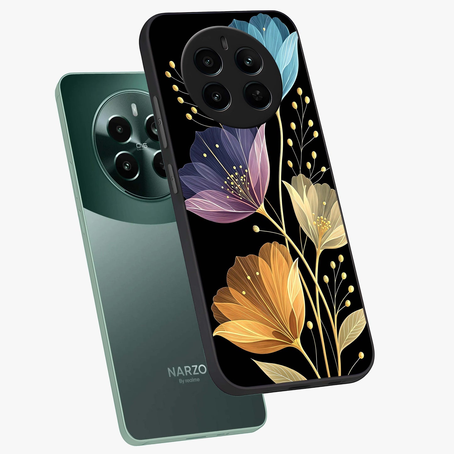 Delicate Multicolor Flowers Glass Case displayed in angled mockup highlighting colorful flower pattern with soft aesthetic style.