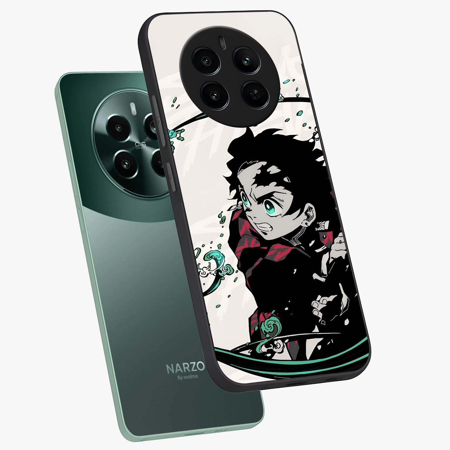 Demon Slayer Glass Case displayed in angled mockup highlighting dramatic anime character design with action aesthetic.