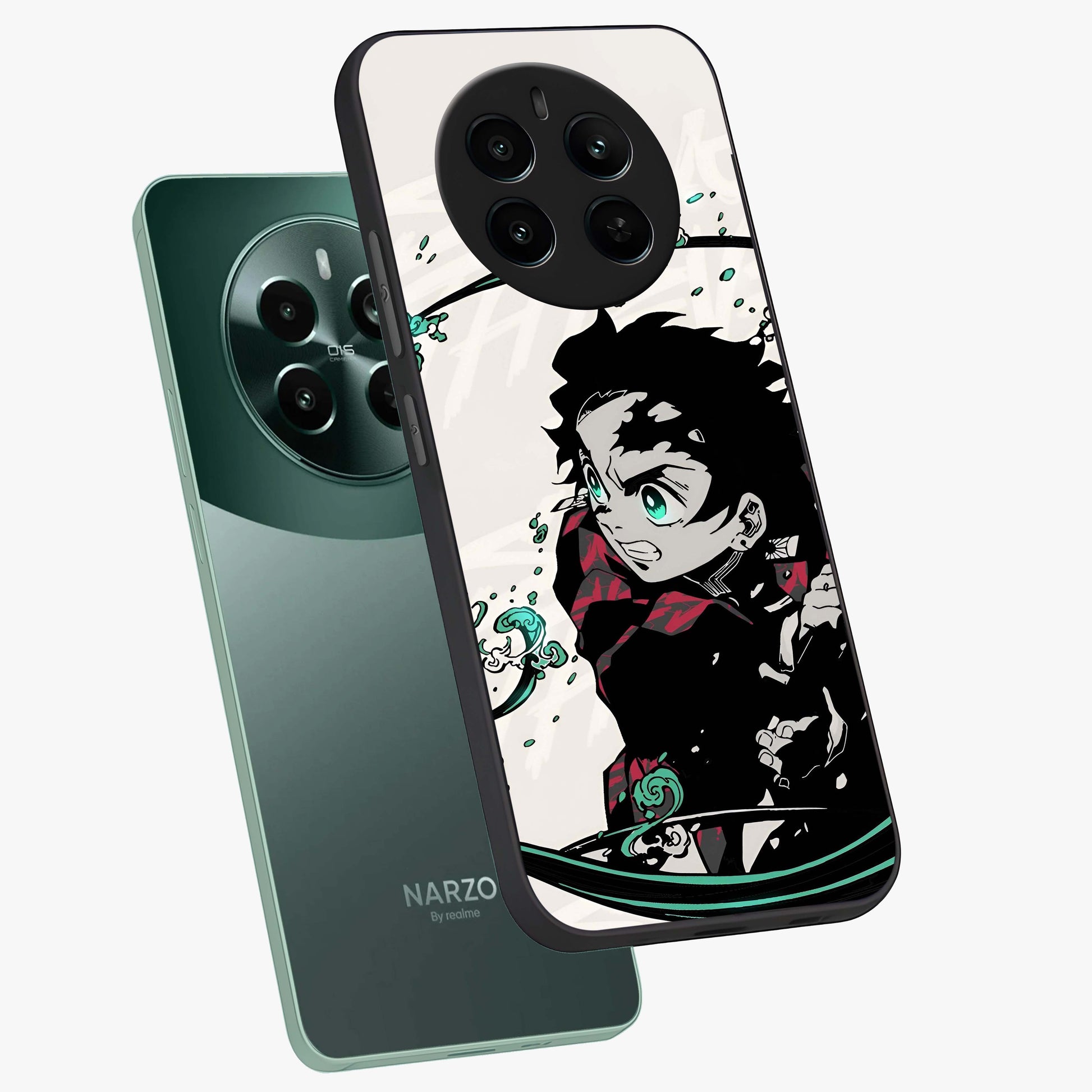 Demon Slayer Glass Case displayed in angled mockup highlighting dramatic anime character design with action aesthetic.