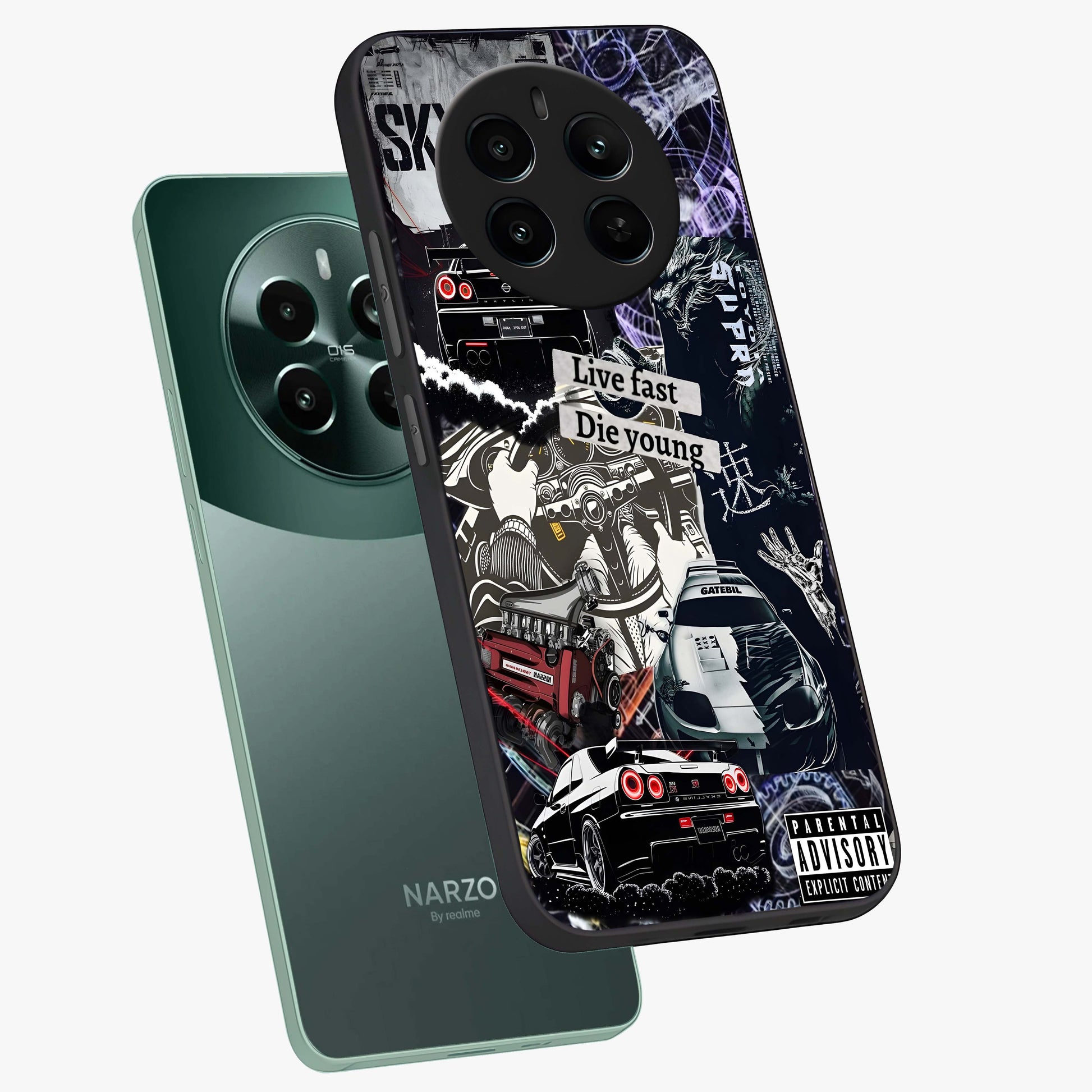 Die Young Glass Case displayed in angled mockup highlighting expressive graphic artwork with edgy aesthetic style.