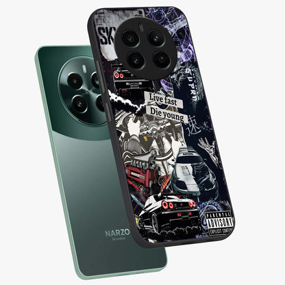 Die Young Glass Case displayed in angled mockup highlighting expressive graphic artwork with edgy aesthetic style.