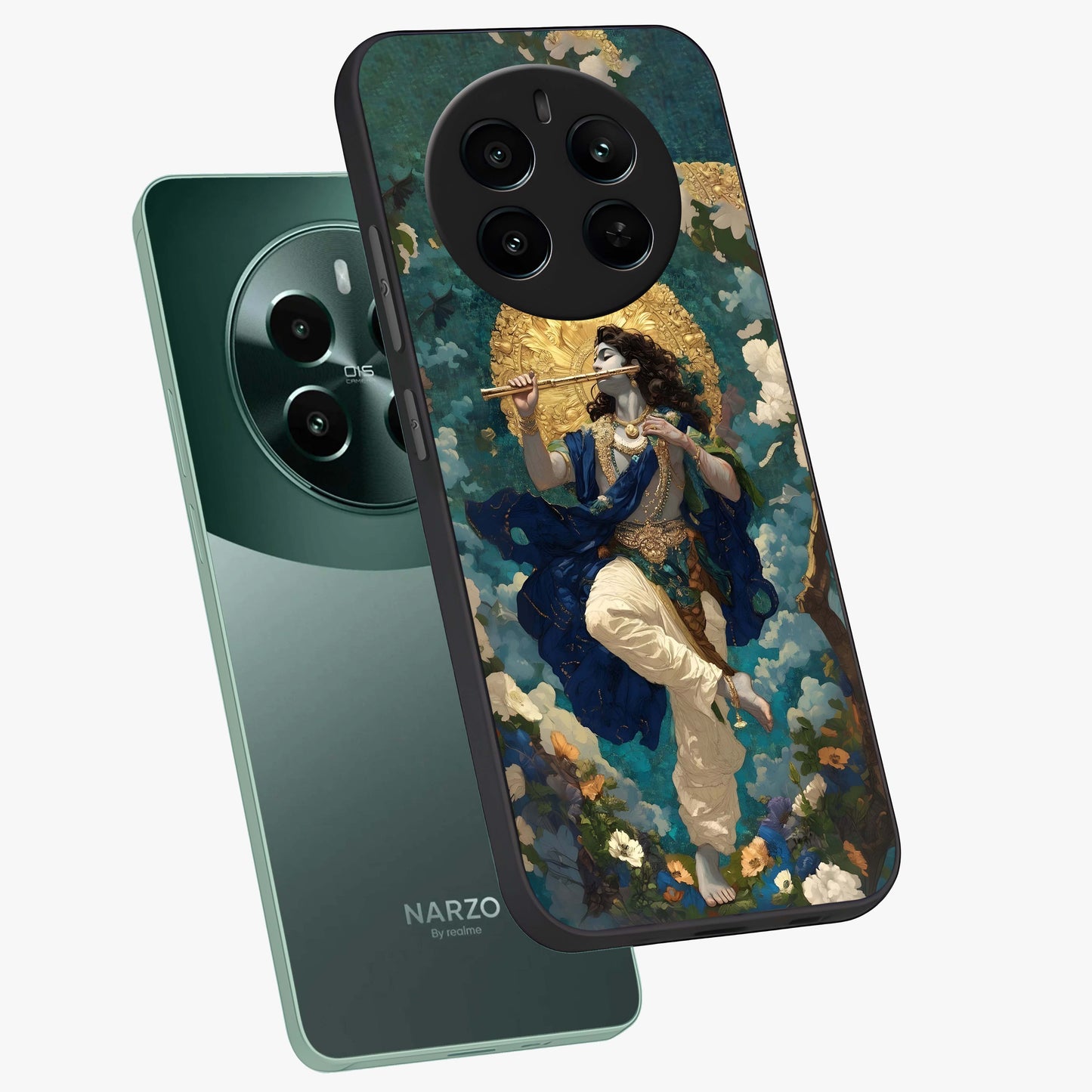 Divine Krishna Art Glass Case displayed in angled mockup highlighting spiritual Krishna illustration with devotional aesthetic.