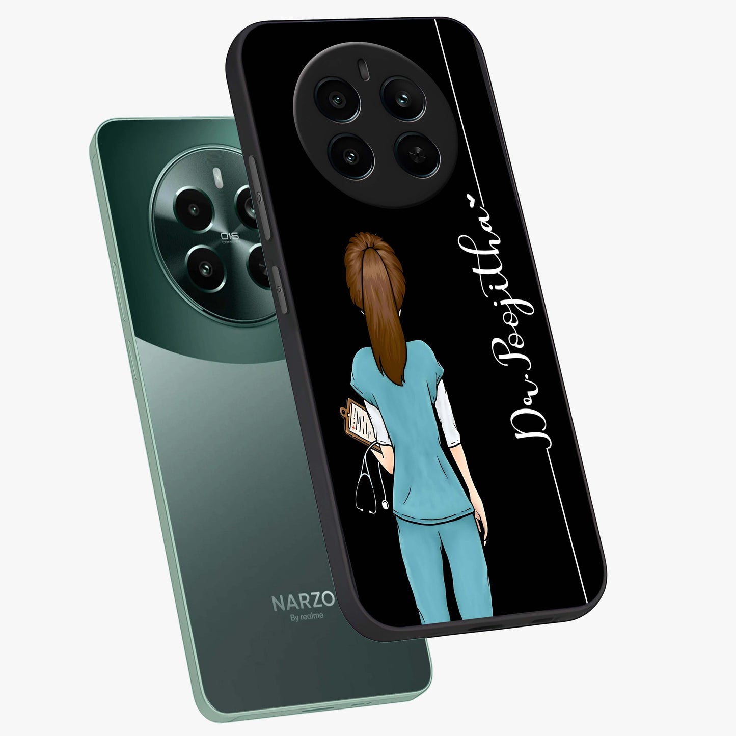 Doctor Pattern Custom Name Glass Case displayed in angled mockup highlighting doctor inspired artwork with custom name feature.