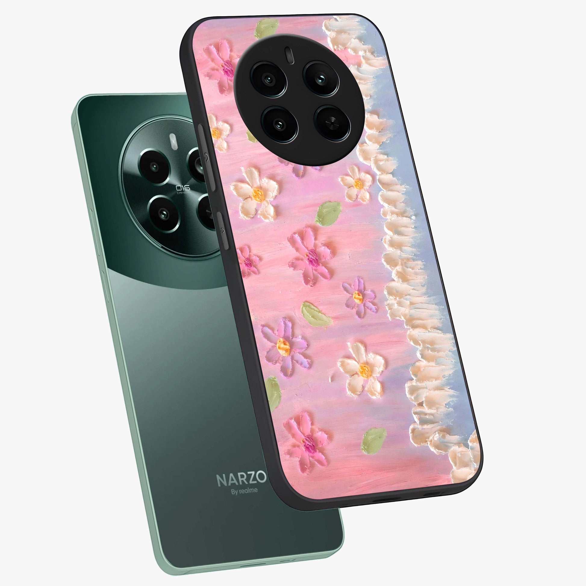 Dreamy Painted Garden Glass Case displayed in angled mockup highlighting colorful garden illustration with dreamy aesthetic style.