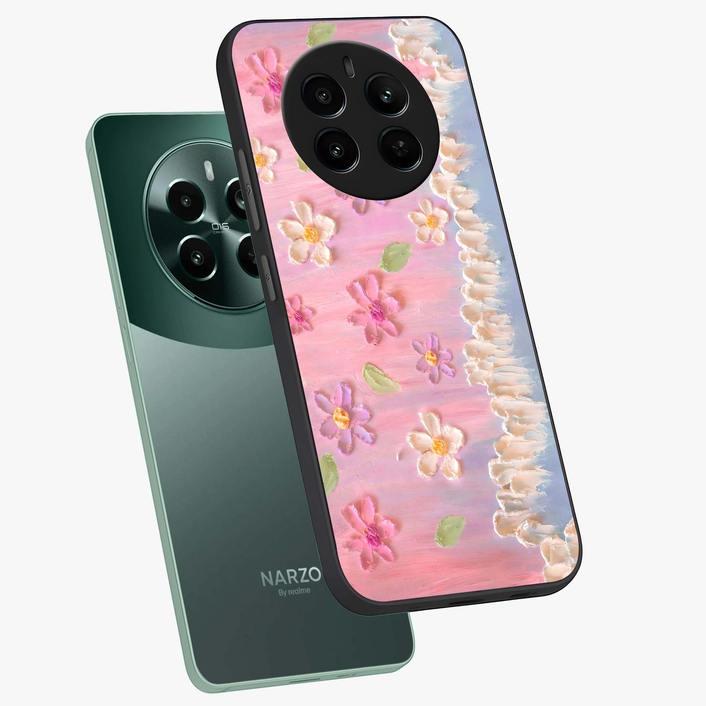 Dreamy Painted Garden Glass Case displayed in angled mockup highlighting colorful garden illustration with dreamy aesthetic style.