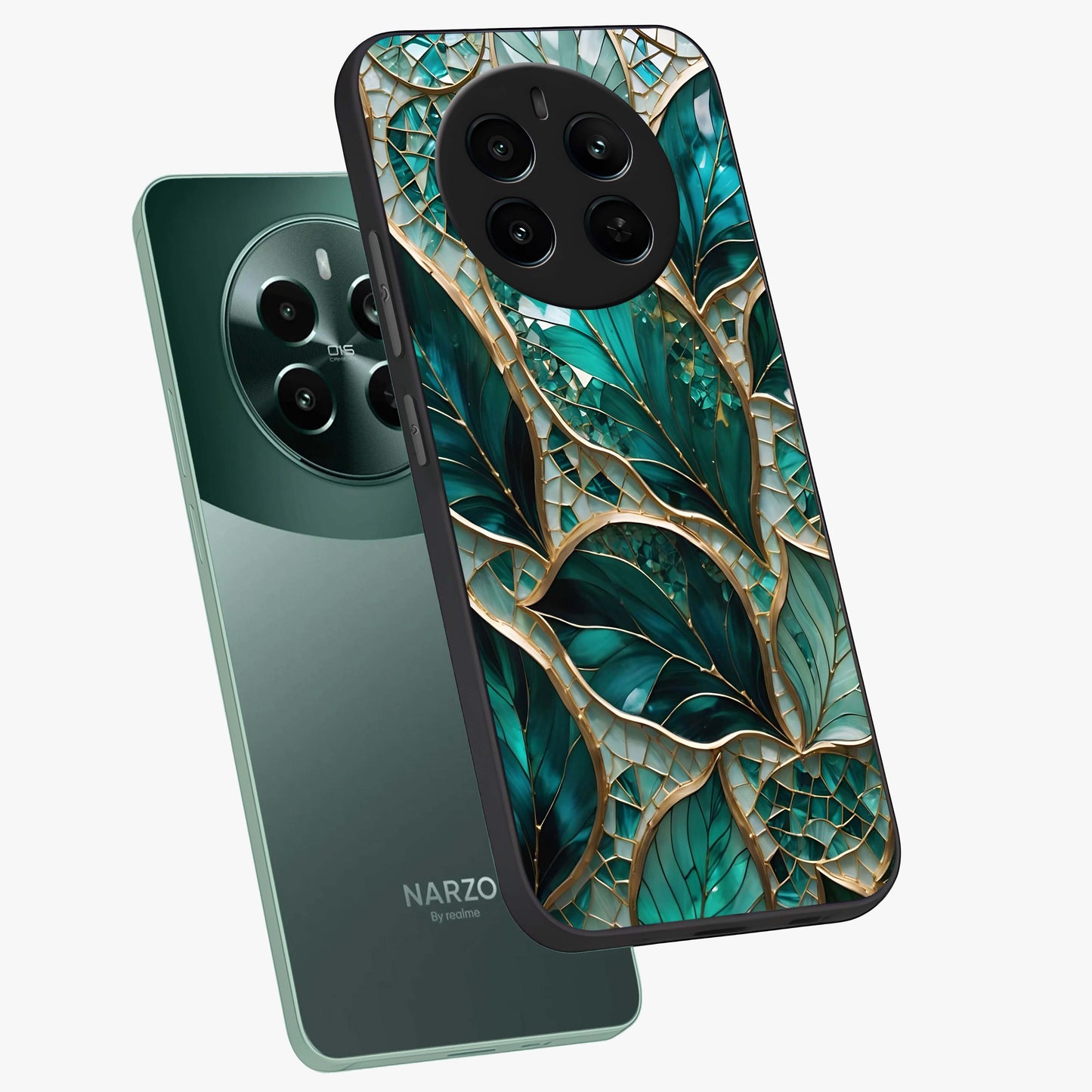 Emerald Leaf Glass Glass Case displayed in angled mockup highlighting botanical leaf illustration with elegant natural aesthetic.