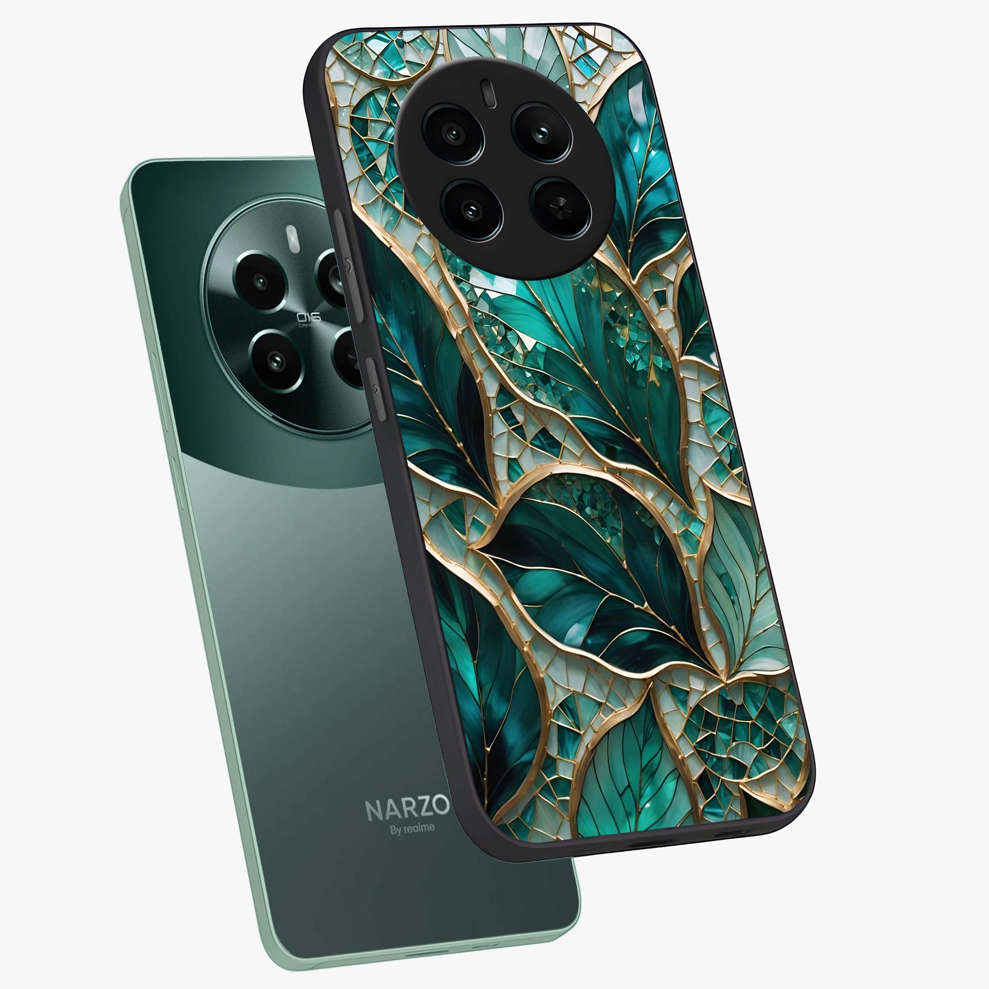 Emerald Leaf Glass Glass Case displayed in angled mockup highlighting botanical leaf illustration with elegant natural aesthetic.