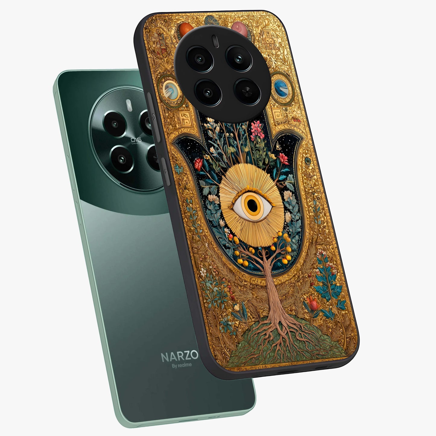 Ethereal Evil Eye Glass Case displayed in angled mockup highlighting protective evil eye symbol with spiritual aesthetic design.