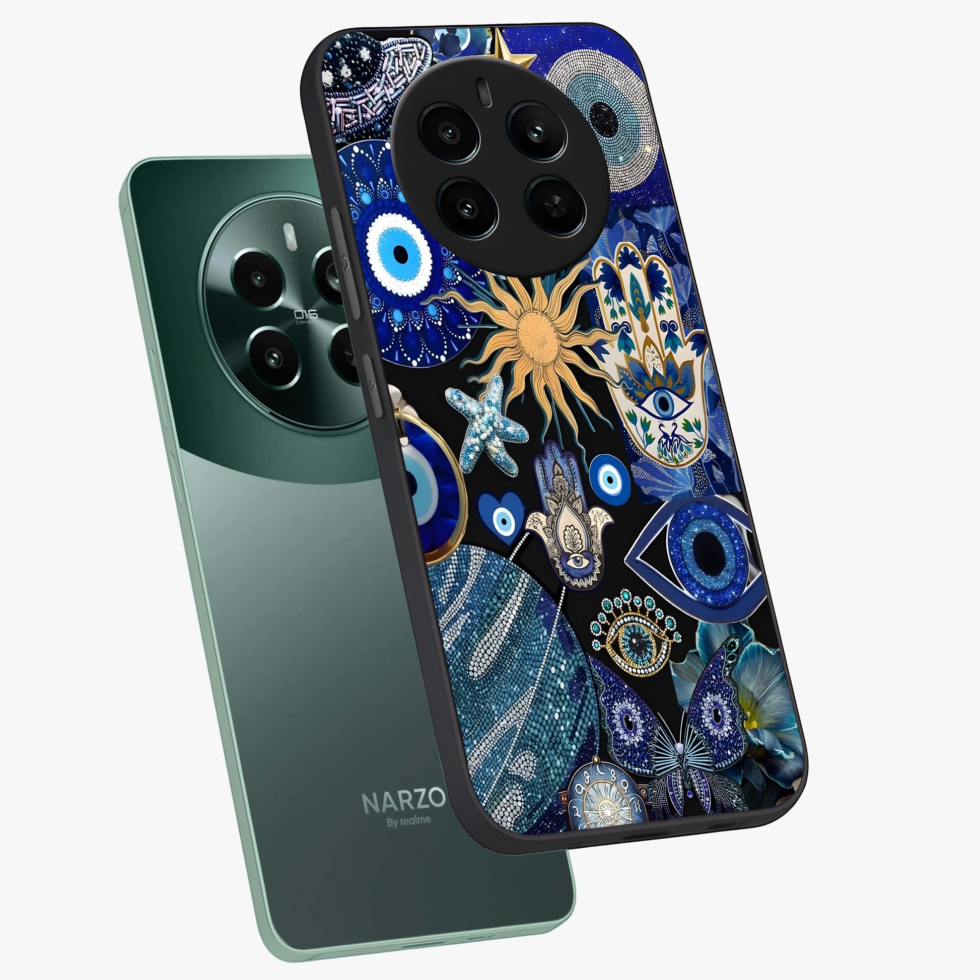 Evil Eye Charm Mix Glass Case displayed in angled mockup highlighting protective evil eye symbols with spiritual aesthetic design.
