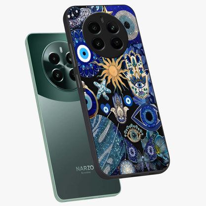 Evil Eye Charm Mix Glass Case displayed in angled mockup highlighting protective evil eye symbols with spiritual aesthetic design.