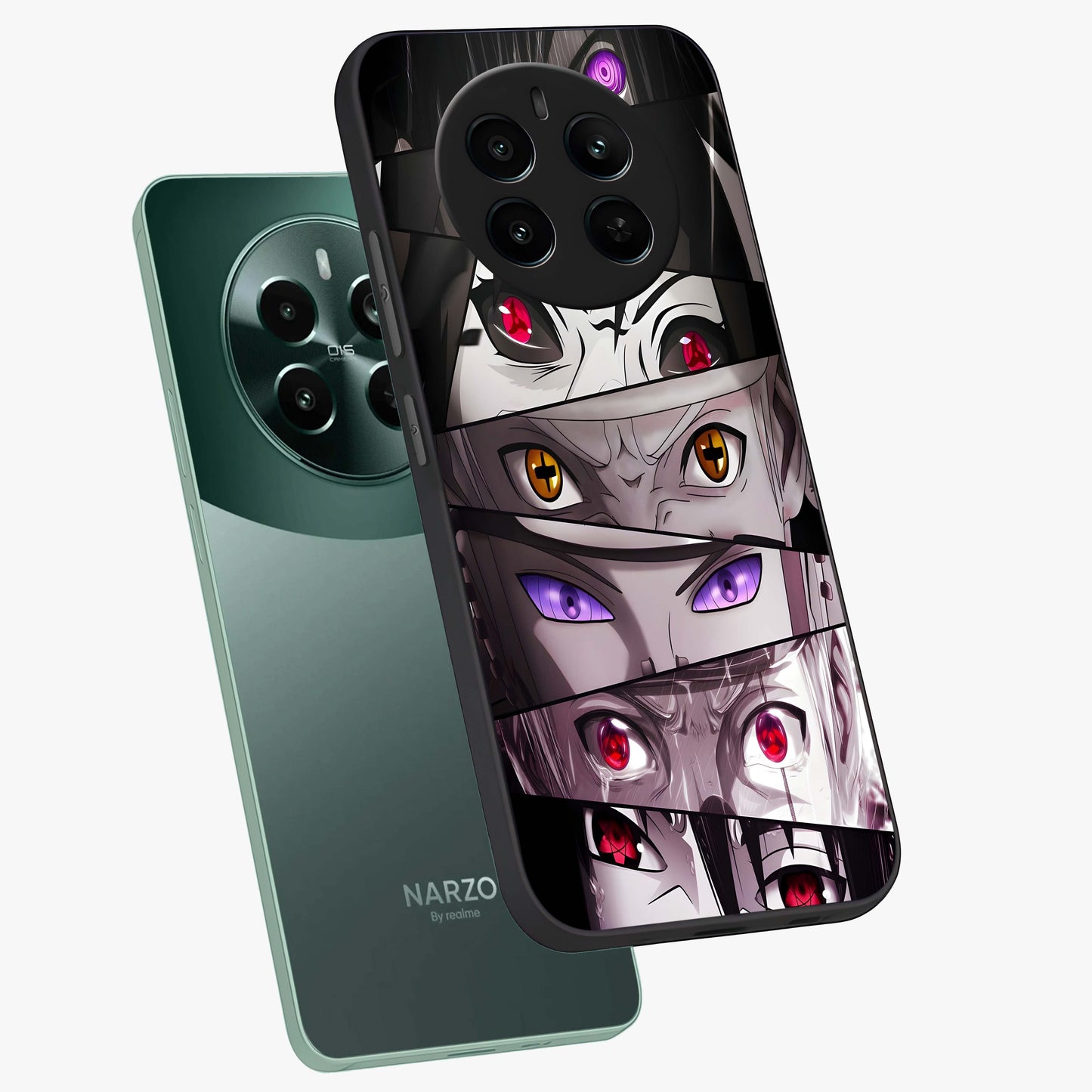 Eyes of Destiny Glass Case displayed in angled mockup highlighting bold eye illustration with mystical aesthetic style.
