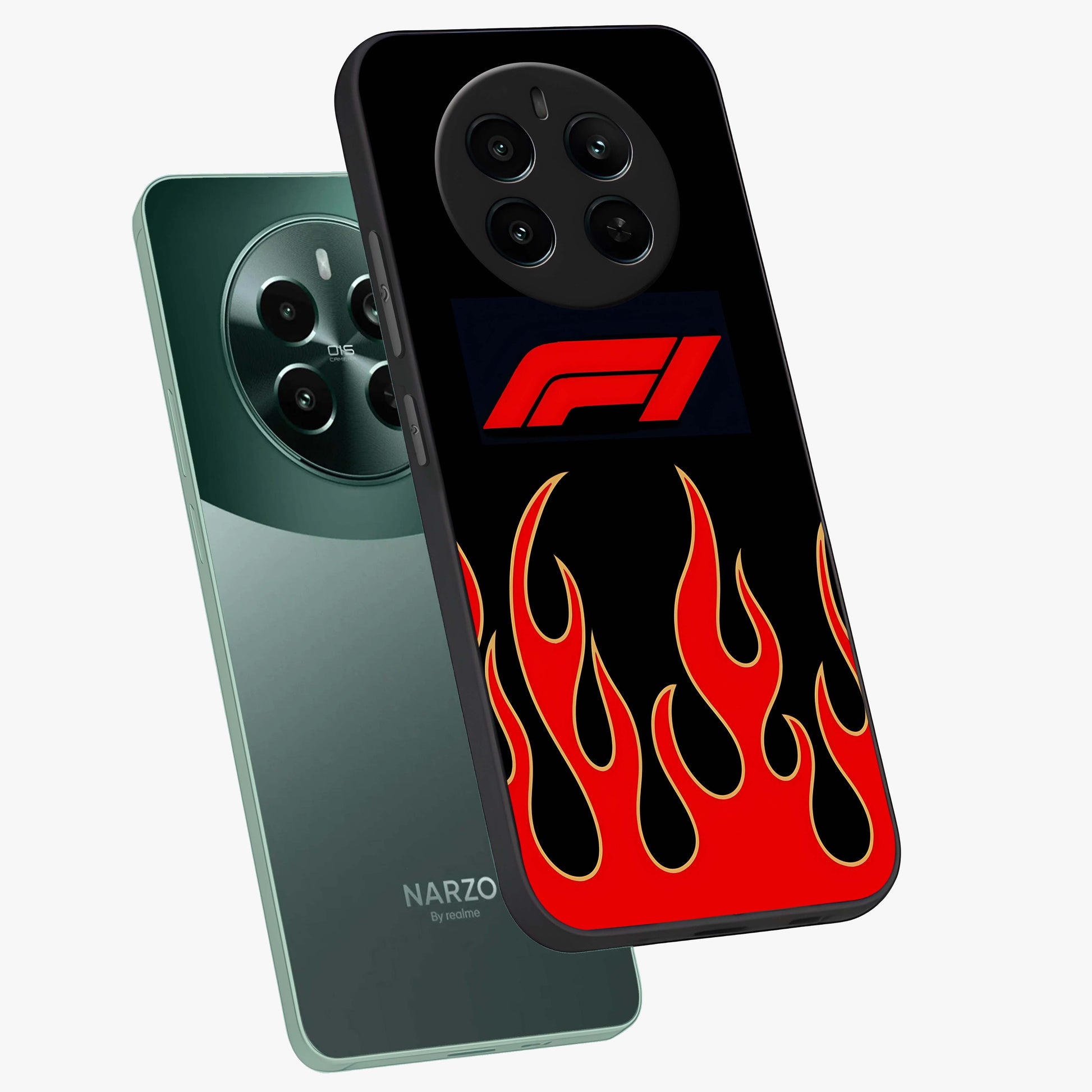 Fire F11 Glass Case displayed in angled mockup highlighting bold fire inspired graphic with energetic aesthetic style.